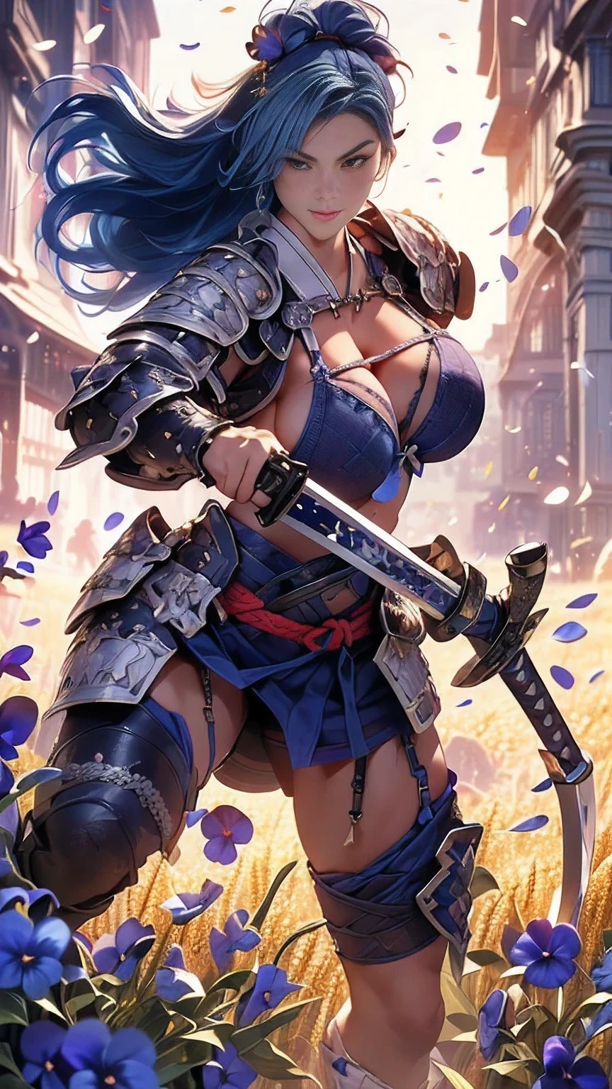  young woman,((Oiran)),warrior,((wielding a huge_weapon:1.3)), very detailedな, realistic,((seductive smile)),((full body:1.3)),(( Combat Stance:1.6)), ((acrobat angle :1.3)), Brilliant Appearance , Creative Action,  extremely detailed, Imaginative,  sensual, spontaneous ,  best quality,  skin texture, ((straight hair :1.8)),((Indigo blue hair:1.6)),((muscular female:1.8)), Tight Body , plump thighs ,(huge breasts:1.8),(blue Samurai armor),(Blue Armor:1.6 ),((blue breastplate sideboob:1.6)) , ,(Blue cornflower cloak ), (blue pleated skirt), cornflower patterned blue shin guard ,((Black bra,pansies,garter belt:1.3)) , black tights,  absolute domain,  intricate details ,((Dynamic lighting)),((A majestic wheat field :1.3)),((Dazzling Light:1.6)),(Meteor shower:1.3),( background petals  cornflower), (cornflower petals), (cornflower petals dancing in the wind),( Many cornflower flowers blooming after the subject ), (confetti),  RAW photos , 8k, masterpiece,  best quality, ultra detailed, very detailed,  intricate details , high resolution,超 intricate details, very detailed 8k cg wallpaper,