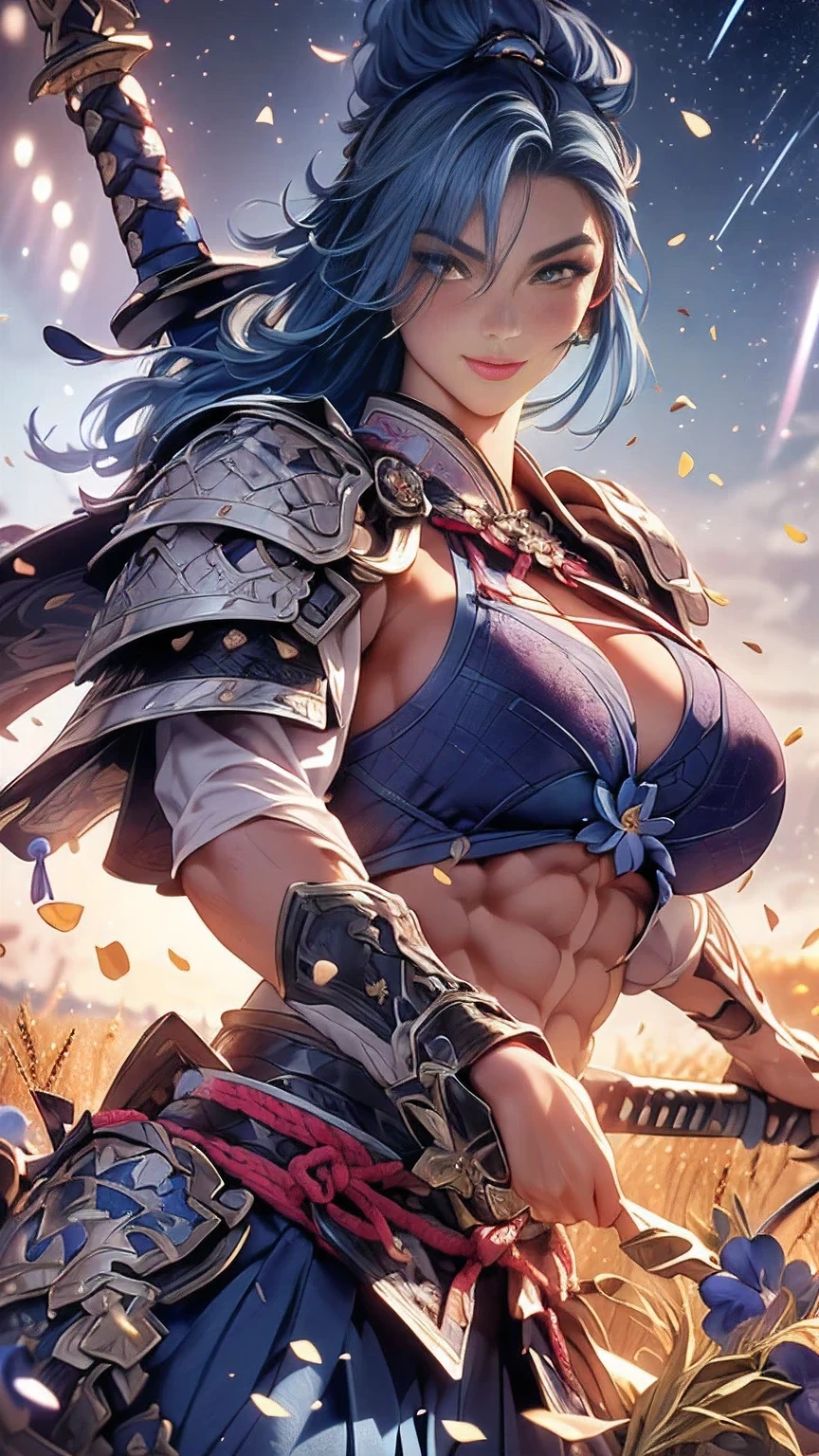 young woman,((Oiran)),warrior,((wielding a huge_weapon:1.3)), very detailedな, realistic,((seductive smile)),((upper body:1.3)),(( Combat Stance:1.6)), ((acrobat angle :1.3)), Brilliant Appearance , Creative Action, extremely detailed, Imaginative, sensual, spontaneous , best quality, skin texture, ((straight hair :1.8)),((Indigo blue hair:1.6)),((muscular female:1.8)), Tight Body , plump thighs ,(huge breasts:1.8),(blue Samurai armor),(Blue Armor:1.6 ),((blue breastplate sideboob:1.6)) , ,(Blue cornflower cloak ), (blue pleated skirt), cornflower patterned blue shin guard ,((Black bra,pansies,garter belt:1.3)) , black tights, absolute domain, intricate details ,((Dynamic lighting)),((A majestic wheat field :1.3)),((Dazzling Light:1.6)),(Meteor shower:1.3),( background petals cornflower), (cornflower petals), (cornflower petals dancing in the wind),( Many cornflower flowers blooming after the subject ), (confetti), RAW photos , 8k, masterpiece, best quality, ultra detailed, very detailed, intricate details , high resolution,超 intricate details, very detailed 8k cg wallpaper,