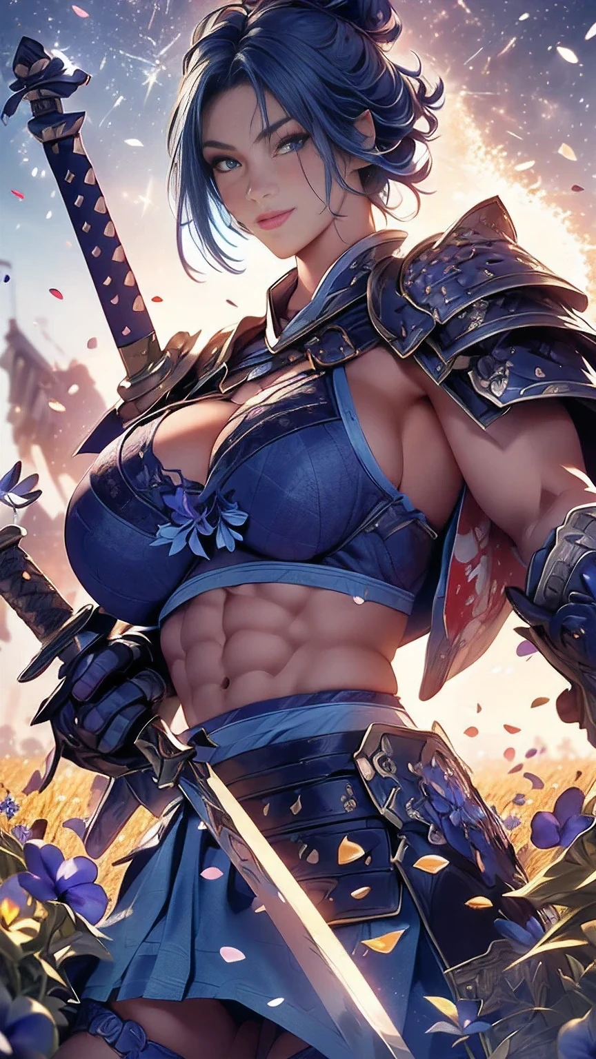  young woman,((Oiran)),warrior,((wielding a huge_weapon:1.3)), very detailedな, realistic,((seductive smile)),((upper body:1.3)),(( Combat Stance:1.6)), ((acrobat angle :1.3)), Brilliant Appearance , Creative Action,  extremely detailed, Imaginative,  sensual, spontaneous ,  best quality,  skin texture, ((straight hair :1.8)),((Indigo blue hair:1.6)),((muscular female:1.8)), Tight Body , plump thighs ,(huge breasts:1.8),(blue Samurai armor),(Blue Armor:1.6 ),((blue breastplate sideboob:1.6)) , ,(Blue cornflower cloak ), (blue pleated skirt), cornflower patterned blue shin guard ,((Black bra,pansies,garter belt:1.3)) , black tights,  absolute domain,  intricate details ,((Dynamic lighting)),((A majestic wheat field :1.3)),((Dazzling Light:1.6)),(Meteor shower:1.3),( background petals  cornflower), (cornflower petals), (cornflower petals dancing in the wind),( Many cornflower flowers blooming after the subject ), (confetti),  RAW photos , 8k, masterpiece,  best quality, ultra detailed, very detailed,  intricate details , high resolution,超 intricate details, very detailed 8k cg wallpaper,