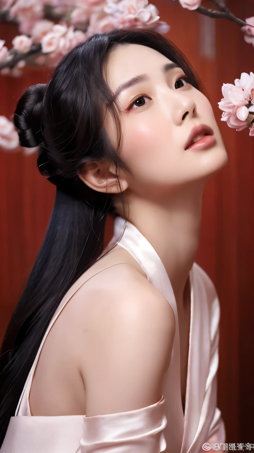 A single subject, a naked female with long blue hair and eyes, depicted realistically with detailed features in a masterpiece quality artwork. The woman is in her 40s, inspired by Zhang Shuqi, with impeccable facial features. The art is heavily influenced by artists like Zhang Shunzi and Lü Ji, belonging to art movements such as Sumatraism and Superflat. The scene is captured in detailed photography from South Jakarta, with the subject exuding elegance in an open Chinese hanfu attire. The setting reflects characteristics of Dau-Al-Set and Private Press art movements, emphasizing intricate details like the sprawling, soft breasts and the delicate features of the face. The intricate design includes elements like a translucent light purple gold Chinese cheongsam, silvery white hair with elaborate bun, and a porcelain complexion, set against a backdrop of red and white petals. This artwork, trending on various platforms, showcases a blend of ancient Chinese aesthetics with modern artistic finesse, presented in ultra-high resolution quality with elements like a wet body in thin silk fabric and a raw photorealistic quality.