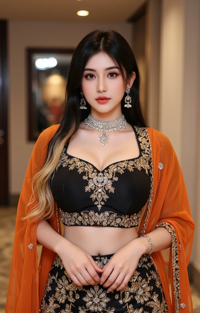 Abhirasha elegantly poses in a refined studio setting, radiating sophistication and fashion forwardness with every curve of her body. Adorned in an exquisite designer ensemble, she flawlessly embodies the perfect balance between luxury and contemporary trends. In her hand, she proudly cradles a coveted statement bag from the brand, its intricate craftsmanship and classic design taking center stage. Abhirasha's visage, adorned with her natural, plump features and her dramatically contrasting black hair with golden highlights, is illuminated to accentuate her captivating, self-assured gaze towards the lens. The depth of the background, a rich, unyielding
