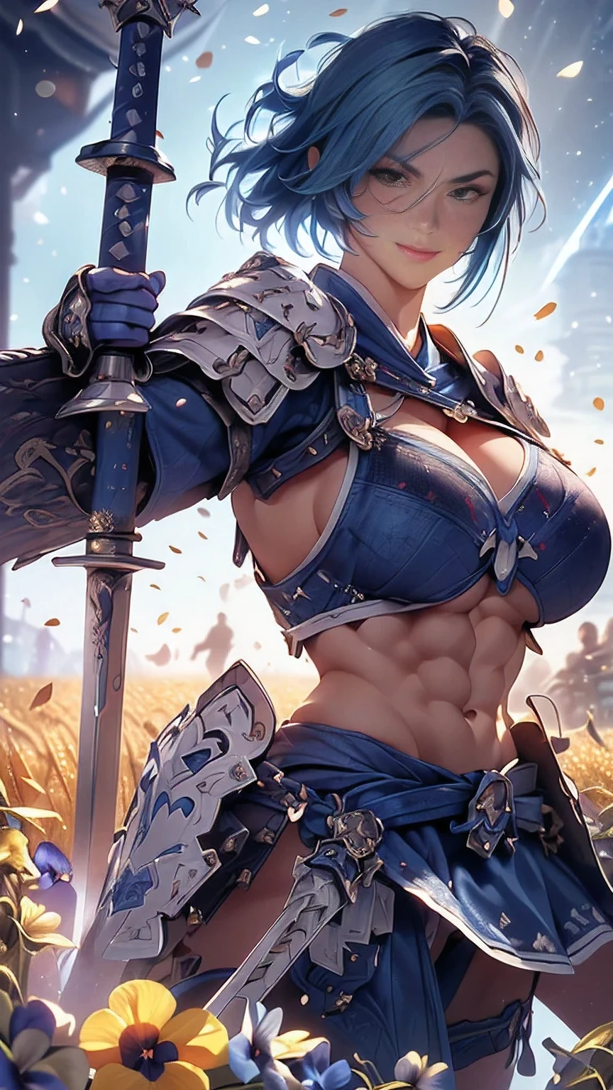 young woman,((Oiran)),warrior,((wielding a huge_weapon:1.6)), very detailedな, realistic,((seductive smile)),((upper body:1.3)),(( Combat Stance:2.0)), ((acrobat angle :1.6)), Brilliant Appearance , Creative Action, extremely detailed, Imaginative, sensual, spontaneous , best quality, skin texture, ((straight hair :1.8)),((Indigo blue hair:1.6)),((muscular female:1.8)), Tight Body , plump thighs ,(huge breasts:1.8),(blue Samurai armor),(Blue Armor:1.6 ),((blue breastplate sideboob:1.6)) , ,(Blue cornflower cloak ), (blue pleated skirt), cornflower patterned blue shin guard ,((Black bra,pansies,garter belt:1.3)) , black tights, absolute domain, intricate details ,((Dynamic lighting)),((A majestic wheat field :1.3)),((Dazzling Light:1.6)),(Meteor shower:1.3),( background petals cornflower), (cornflower petals), (cornflower petals dancing in the wind),( Many cornflower flowers blooming after the subject ), (confetti), RAW photos , 8k, masterpiece, best quality, ultra detailed, very detailed, intricate details , high resolution,超 intricate details, very detailed 8k cg wallpaper,
