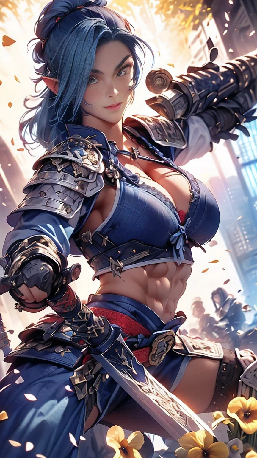  young woman,((Oiran)),warrior,((wielding a huge_weapon:1.6)), very detailedな, realistic,((seductive smile)),((upper body:1.3)),(( Combat Stance:2.0)), ((acrobat angle :1.6)), Brilliant Appearance , Creative Action,  extremely detailed, Imaginative,  sensual, spontaneous ,  best quality,  skin texture, ((straight hair :1.8)),((Indigo blue hair:1.6)),((muscular female:1.8)), Tight Body , plump thighs ,(huge breasts:1.8),(blue Samurai armor),(Blue Armor:1.6 ),((blue breastplate sideboob:1.6)) , ,(Blue cornflower cloak ), (blue pleated skirt), cornflower patterned blue shin guard ,((Black bra,pansies,garter belt:1.3)) , black tights,  absolute domain,  intricate details ,((Dynamic lighting)),((A majestic wheat field :1.3)),((Dazzling Light:1.6)),(Meteor shower:1.3),( background petals  cornflower), (cornflower petals), (cornflower petals dancing in the wind),( Many cornflower flowers blooming after the subject ), (confetti),  RAW photos , 8k, masterpiece,  best quality, ultra detailed, very detailed,  intricate details , high resolution,超 intricate details, very detailed 8k cg wallpaper,