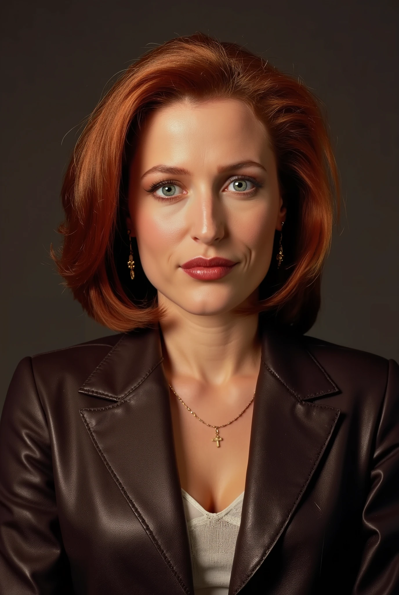 A woman 35 years 1girl, a realistic photo of Dana Scully, featuring a beautifully detailed face with captivating eyes and a serene expression, The image showcases her natural beauty, focusing on her flawless skin and delicate features, (pale skin, detailed skin, detailed face), (red hair), (sexy makeup, eyeliner, long eyelashes), (wearing brown unbuttoned business jacket, white laced bra, white laced g-strings, light-brown stockings, brown high heel shoes, beautiful golden earrings, golden necklace), (office of Dana Scully from UFO movie), (staying and posing seductively), (smiling), full growth, perfect anatomy, perfect fingers