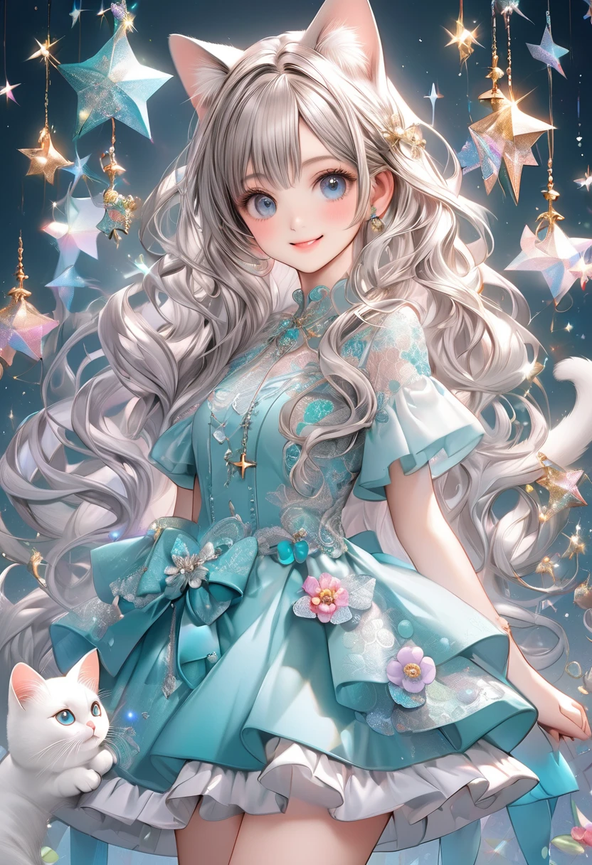  cute girl with cat ears and cat tail ,  Line Claire, contour deepening beautiful Detailed Sparkle,  by famous artists ,   head tilt,  long white hair,  curly hair , Air Van,  gray hair,   beautiful detail hair,  beautiful face, ^ ^,  beautiful big eyes,  flat chest,    absolute domain,   turquoise dress , light purple skirt ,  cross lace shoes with bangs in the center, Very fine frills, Floral Fabric, Turquoise clothes ,  gradient background, beautiful Detailed Sparkle, Detailed Sparkle, Extremely detailed, Very detailed 8KCG wallpaper ,  High Quality , smile, 