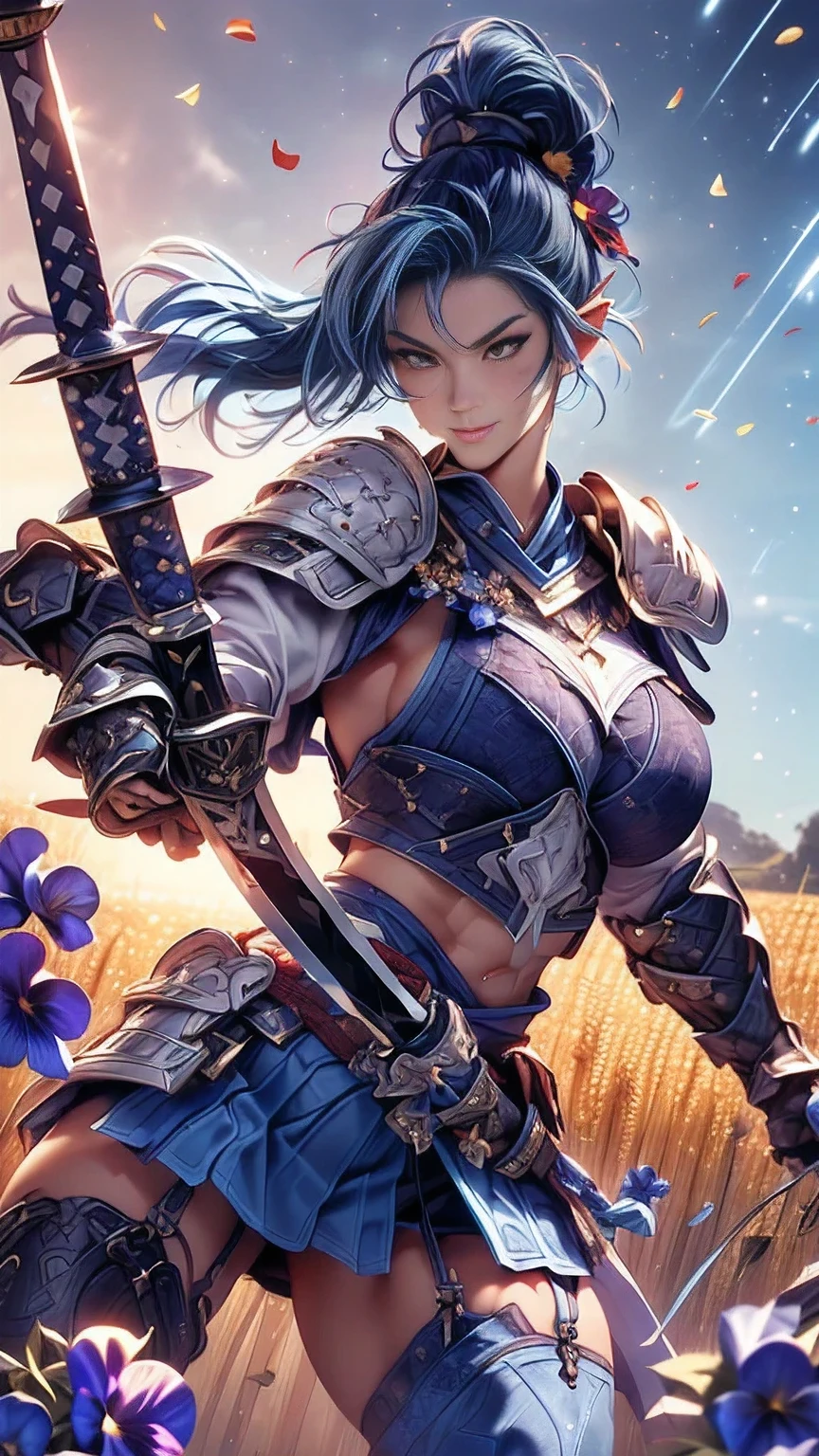 young woman,((Oiran)),warrior,((wielding a huge_weapon:1.6)), very detailedな, realistic,((seductive smile)),(( Combat Stance:1.8)), ((acrobat angle :1.6)), Brilliant Appearance , Creative Action, extremely detailed, Imaginative, sensual, spontaneous , best quality, skin texture, ((straight hair :1.8)),((Indigo blue hair:1.6)),((muscular female:1.8)), Tight Body , plump thighs ,(huge breasts:1.8),(blue Samurai armor),(Blue Armor:1.6 ),((blue breastplate sideboob:1.6)) , ,(Blue cornflower cloak ), (blue pleated skirt), cornflower patterned blue shin guard ,((Black bra,pansies,garter belt:1.3)) , black tights, absolute domain, intricate details ,((Dynamic lighting)),((A majestic wheat field :1.3)),((Dazzling Light:1.6)),(Meteor shower:1.3),( background petals cornflower), (cornflower petals), (cornflower petals dancing in the wind),( Many cornflower flowers blooming after the subject ), (confetti), RAW photos , 8k, masterpiece, best quality, ultra detailed, very detailed, intricate details , high resolution,超 intricate details, very detailed 8k cg wallpaper,