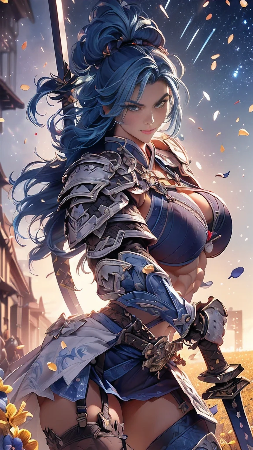 young woman,((Oiran)),warrior,((wielding a huge_weapon:1.6)), very detailedな, realistic,((seductive smile)),(( Combat Stance:1.8)), ((acrobat angle :1.6)), Brilliant Appearance , Creative Action, extremely detailed, Imaginative, sensual, spontaneous , best quality, skin texture, ((straight hair :1.8)),((Indigo blue hair:1.6)),((muscular female:1.8)), Tight Body , plump thighs ,(huge breasts:1.8),(blue Samurai armor),(Blue Armor:1.6 ),((blue breastplate sideboob:1.6)) , ,(Blue cornflower cloak ), (blue pleated skirt), cornflower patterned blue shin guard ,((Black bra,pansies,garter belt:1.3)) , black tights, absolute domain, intricate details ,((Dynamic lighting)),((A majestic wheat field :1.3)),((Dazzling Light:1.6)),(Meteor shower:1.3),( background petals cornflower), (cornflower petals), (cornflower petals dancing in the wind),( Many cornflower flowers blooming after the subject ), (confetti), RAW photos , 8k, masterpiece, best quality, ultra detailed, very detailed, intricate details , high resolution,超 intricate details, very detailed 8k cg wallpaper,