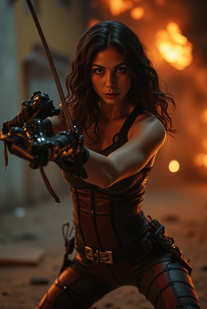 8k ultra high quality model rendering of Anna Valerious from "Van Helsing", embodying a fierce mystical vampire slayer, captured mid-action pose, with a sultry expression, framed by dynamic contours, her intense gaze piercing from a beautifully detailed face, statuesque legs commanding the composition, styled in the meticulous manner of Carne Griffiths and Wadim Kashin, employing the haunting atmosphere reminiscent of Artgerm, H.R. Giger, and Beksiń