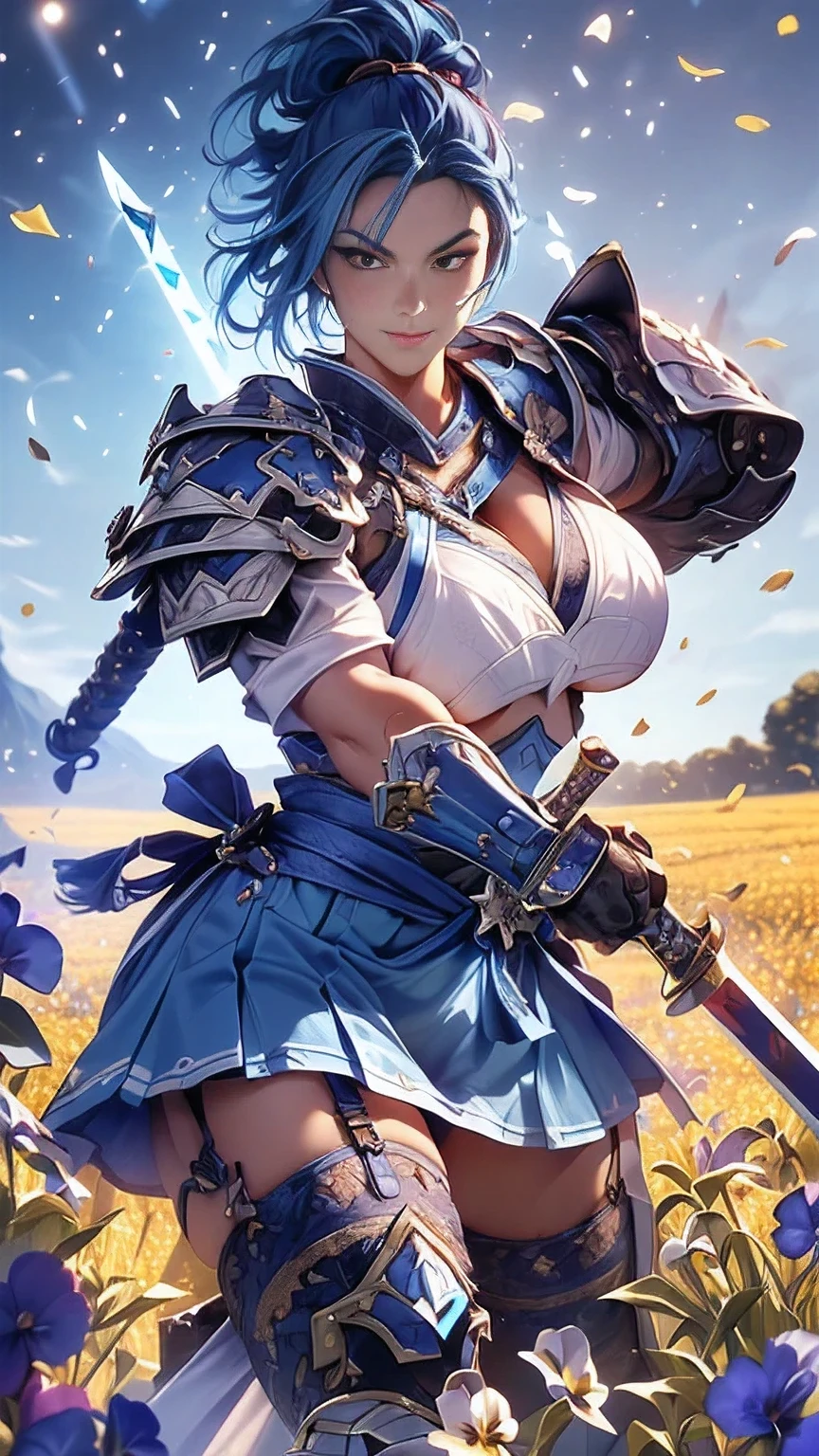  young woman,((Oiran)),warrior,((wielding a huge_weapon:1.6)), very detailedな, realistic,((seductive smile)),(( Combat Stance:1.8)), ((acrobat angle :1.6)), Brilliant Appearance , Creative Action,  extremely detailed, Imaginative,  sensual, spontaneous ,  best quality,  skin texture, ((straight hair :1.8)),((Indigo blue hair:1.6)),((muscular female:1.8)), Tight Body , plump thighs ,(huge breasts:1.8),(blue Samurai armor),(Blue Armor:1.6 ),((blue breastplate sideboob:1.6)) , ,(Blue cornflower cloak ), (blue pleated skirt), cornflower patterned blue shin guard ,((Black bra,pansies,garter belt:1.3)) , black tights,  absolute domain,  intricate details ,((Dynamic lighting)),((A majestic wheat field :1.3)),((Dazzling Light:1.6)),(Meteor shower:1.3),( background petals  cornflower), (cornflower petals), (cornflower petals dancing in the wind),( Many cornflower flowers blooming after the subject ), (confetti),  RAW photos , 8k, masterpiece,  best quality, ultra detailed, very detailed,  intricate details , high resolution,超 intricate details, very detailed 8k cg wallpaper,