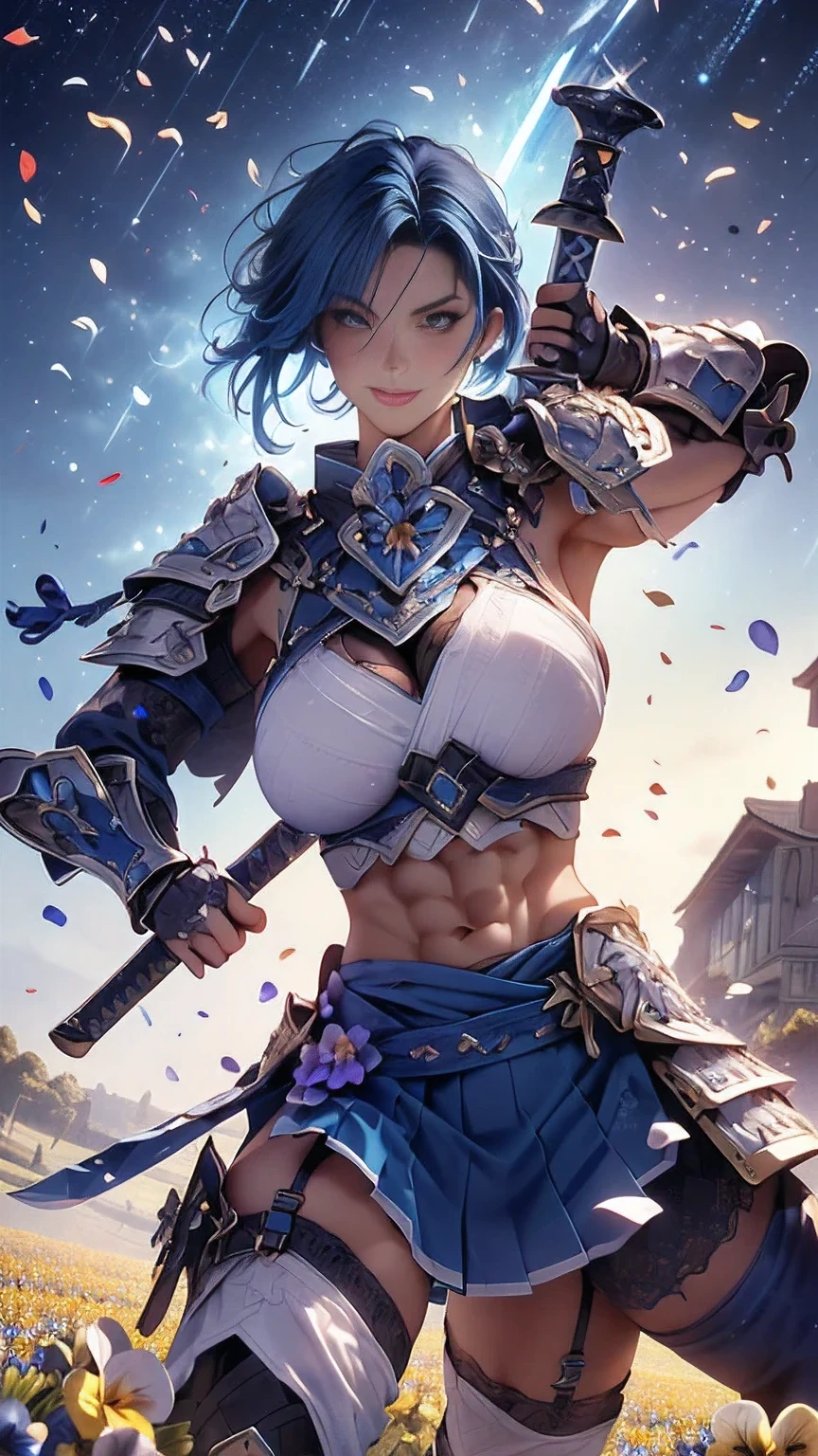young woman,((Oiran)),warrior,((wielding a huge_weapon:1.6)), very detailedな, realistic,((seductive smile)),(( Combat Stance:1.8)), ((acrobat angle :1.6)), Brilliant Appearance , Creative Action, extremely detailed, Imaginative, sensual, spontaneous , best quality, skin texture, ((straight hair :1.8)),((Indigo blue hair:1.6)),((muscular female:1.8)), Tight Body , plump thighs ,(huge breasts:1.8),(blue Samurai armor),(Blue Armor:1.6 ),((blue breastplate sideboob:1.6)) , ,(Blue cornflower cloak ), (blue pleated skirt), cornflower patterned blue shin guard ,((Black bra,pansies,garter belt:1.3)) , black tights, absolute domain, intricate details ,((Dynamic lighting)),((A majestic wheat field :1.3)),((Dazzling Light:1.6)),(Meteor shower:1.3),( background petals cornflower), (cornflower petals), (cornflower petals dancing in the wind),( Many cornflower flowers blooming after the subject ), (confetti), RAW photos , 8k, masterpiece, best quality, ultra detailed, very detailed, intricate details , high resolution,超 intricate details, very detailed 8k cg wallpaper,