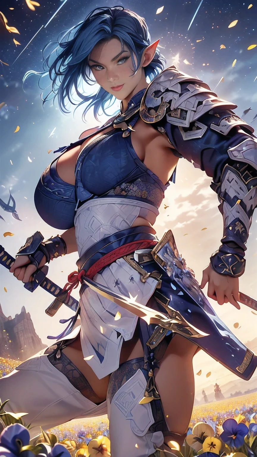 young woman,((Oiran)),warrior,((wielding a huge_weapon:1.6)), very detailedな, realistic,((seductive smile)),((from front:1.6)),(( Combat Stance:1.8)), ((acrobat angle :1.6)), Brilliant Appearance , Creative Action, extremely detailed, Imaginative, sensual, spontaneous , best quality, skin texture, ((straight hair :1.8)),((Indigo blue hair:1.6)),((muscular female:1.8)), Tight Body , plump thighs ,(huge breasts:1.8),(blue Samurai armor),(Blue Armor:1.6 ),((blue breastplate sideboob:1.6)) , ,(Blue cornflower cloak ), (blue pleated skirt), cornflower patterned blue shin guard ,((Black bra,pansies,garter belt:1.3)) , black tights, absolute domain, intricate details ,((Dynamic lighting)),((A majestic wheat field :1.3)),((Dazzling Light:1.6)),(Meteor shower:1.3),( background petals cornflower), (cornflower petals), (cornflower petals dancing in the wind),( Many cornflower flowers blooming after the subject ), (confetti), RAW photos , 8k, masterpiece, best quality, ultra detailed, very detailed, intricate details , high resolution,超 intricate details, very detailed 8k cg wallpaper,
