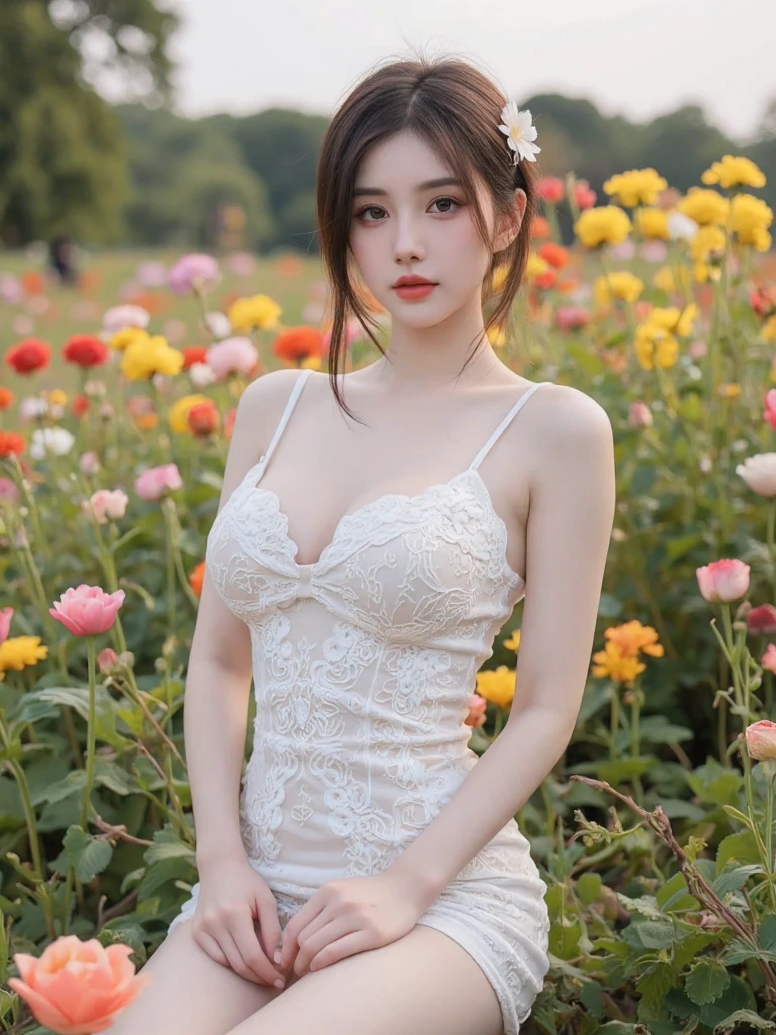 Ultra high definition, Medium display, Medium Shot, Depth of written boundary, Soft skin texture, bust,Beautiful breasts, Upper Body, Movie angle, masterpiece, Highest quality, Very detailed, 8k Raw Photo:1.5, Beautiful Face, Delicate eyes, country々, alone, smile, bangs, skirt, shirt, Have, dress, bow, petal, bouquet