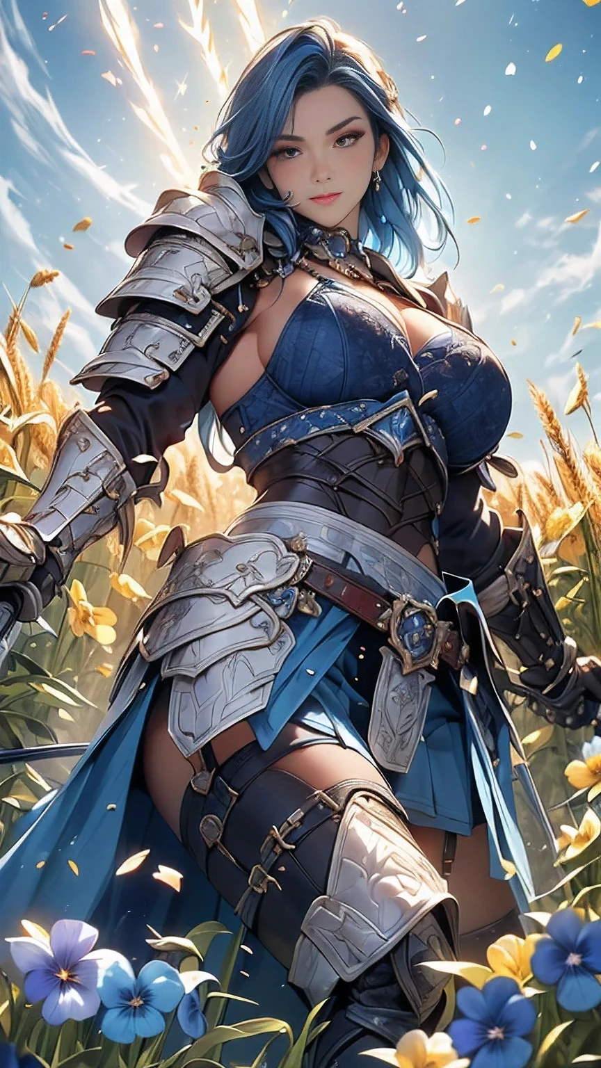  young woman,((Oiran)),warrior,((wielding a huge_weapon:1.6)), very detailedな, realistic,((seductive smile)),((from front:2.3)),((  look at the subject from below :1.8)), ((Crouching and standing up,  feet :1.6)), Brilliant Appearance , Creative Action,  extremely detailed, Imaginative,  sensual, spontaneous ,  best quality,  skin texture, ((straight hair :1.8)),((Indigo blue hair:1.6)),((muscular female:1.8)), Tight Body , plump thighs ,(huge breasts:1.8),(blue Samurai armor),(Blue Armor:1.6 ),((blue breastplate sideboob:1.6)) , ,(Blue cornflower cloak ), (blue pleated skirt), cornflower patterned blue shin guard ,((Black bra,pansies,garter belt:1.3)) , black tights,  absolute domain,  intricate details ,((Dynamic lighting)),((A majestic wheat field :1.3)),((Dazzling Light:1.6)),(Meteor shower:1.3),( background petals  cornflower), (cornflower petals), (cornflower petals dancing in the wind),( Many cornflower flowers blooming after the subject ),( Many cornflower flowers are blooming on the front of the subject), (confetti),  RAW photos , 8k, masterpiece,  best quality, ultra detailed, very detailed,  intricate details , high resolution,超 intricate details, very detailed 8k cg wallpaper,