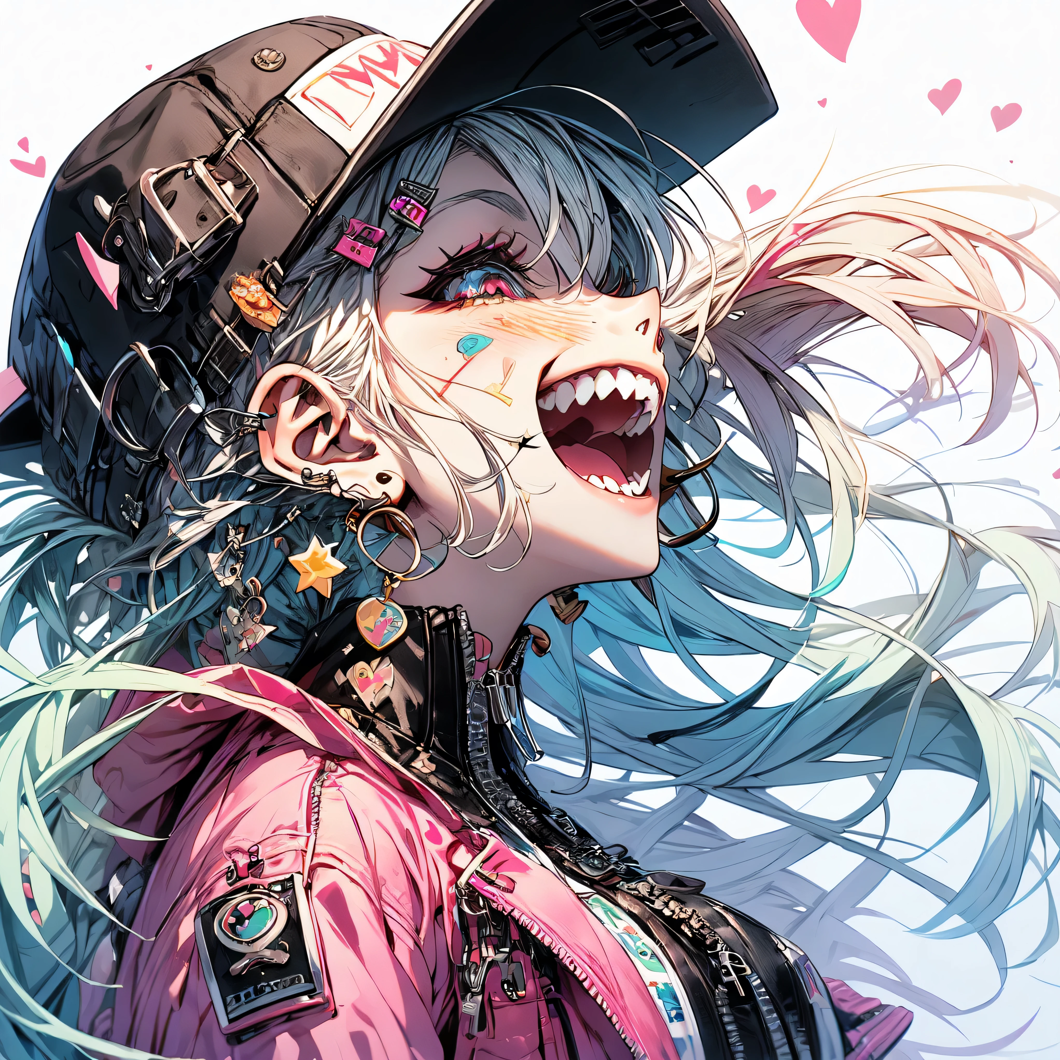 (Masterpiece:1.2), best quality,Pixiv, Beautiful Rebellious Girl , portrait ,
1 girl sitting underwater, gradation shirt that Furakana has , open your mouth, glossy lips , pink hair with a scar, Alone, mischievous smile, long hair, white background, jewelry, badge , button badge , Food, pink eye, earrings, simple background, Harajuku style jacket, long lashes, from side, Food down, star (symbol), profile, upper body, Writing on clothes, zipper, color, huge highlighted super huge very huge breasts, Lock, Sexy and Seductive , Cherry blossoms dancing in the wind, gradation shirt that Furakana has ornament, piercing above spo, barcode , portrait , sticker with n, Foodie, smile, spike, baseball cap
