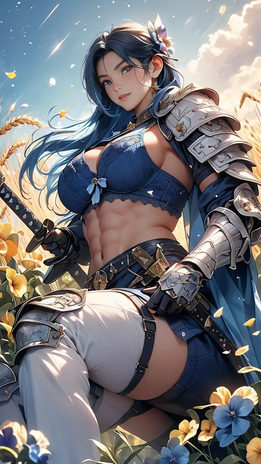 young woman,((Oiran)),warrior,((wielding a huge_weapon:1.6)), very detailedな, realistic,((seductive smile)),((from front:1.8)),(( look at the subject from below :1.8)), ((Crouching and standing up, feet :1.6)), Brilliant Appearance , Creative Action, extremely detailed, Imaginative, sensual, spontaneous , best quality, skin texture, ((straight hair :1.8)),((Indigo blue hair:1.6)),((muscular female:1.8)), Tight Body , plump thighs ,(huge breasts:1.8),(blue Samurai armor),(Blue Armor:1.6 ),((blue breastplate sideboob:1.6)) , ,(Blue cornflower cloak ), (blue pleated skirt), cornflower patterned blue shin guard ,((Black bra,pansies,garter belt:1.3)) , black tights, absolute domain, intricate details ,((Dynamic lighting)),((A majestic wheat field :1.3)),((Dazzling Light:1.6)),(Meteor shower:1.3),( background petals cornflower), (cornflower petals), (cornflower petals dancing in the wind),( Many cornflower flowers blooming after the subject ),( Many cornflower flowers are blooming on the front of the subject), (confetti), RAW photos , 8k, masterpiece, best quality, ultra detailed, very detailed, intricate details , high resolution,超 intricate details, very detailed 8k cg wallpaper,