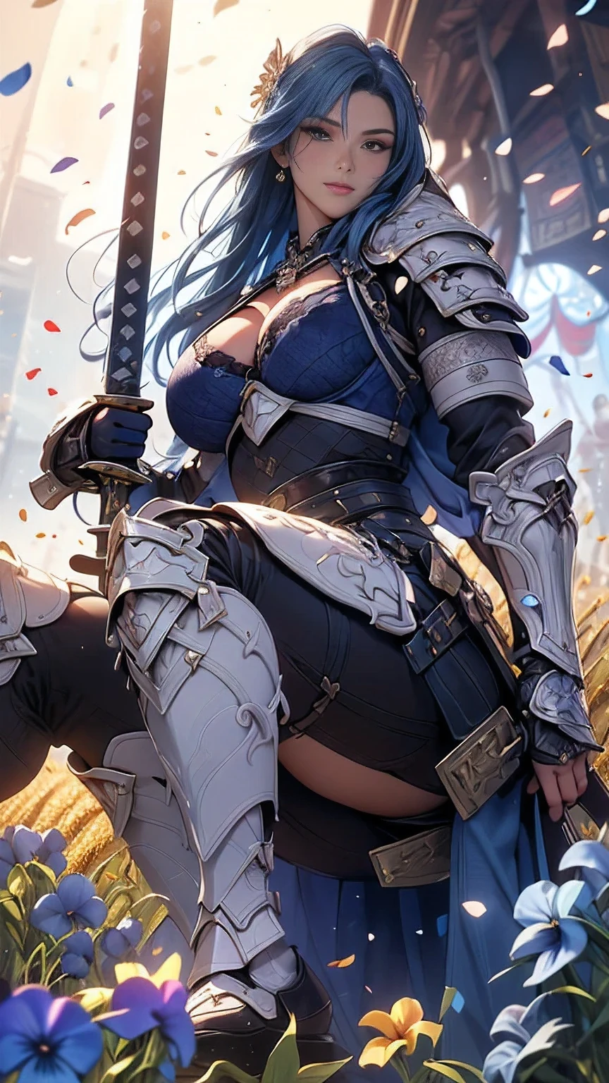 young woman,((Oiran)),warrior,((wielding a huge_weapon:1.6)), very detailedな, realistic,((seductive smile)),((from front:1.8)),(( look at the subject from below :1.8)), ((Crouching and standing up, feet :1.6)), Brilliant Appearance , Creative Action, extremely detailed, Imaginative, sensual, spontaneous , best quality, skin texture, ((straight hair :1.8)),((Indigo blue hair:1.6)),((muscular female:1.8)), Tight Body , plump thighs ,(huge breasts:1.8),(blue Samurai armor),(Blue Armor:1.6 ),((blue breastplate sideboob:1.6)) , ,(Blue cornflower cloak ), (blue pleated skirt), cornflower patterned blue shin guard ,((Black bra,pansies,garter belt:1.3)) , black tights, absolute domain, intricate details ,((Dynamic lighting)),((A majestic wheat field :1.3)),((Dazzling Light:1.6)),(Meteor shower:1.3),( background petals cornflower), (cornflower petals), (cornflower petals dancing in the wind),( Many cornflower flowers blooming after the subject ),( Many cornflower flowers are blooming on the front of the subject), (confetti), RAW photos , 8k, masterpiece, best quality, ultra detailed, very detailed, intricate details , high resolution,超 intricate details, very detailed 8k cg wallpaper,