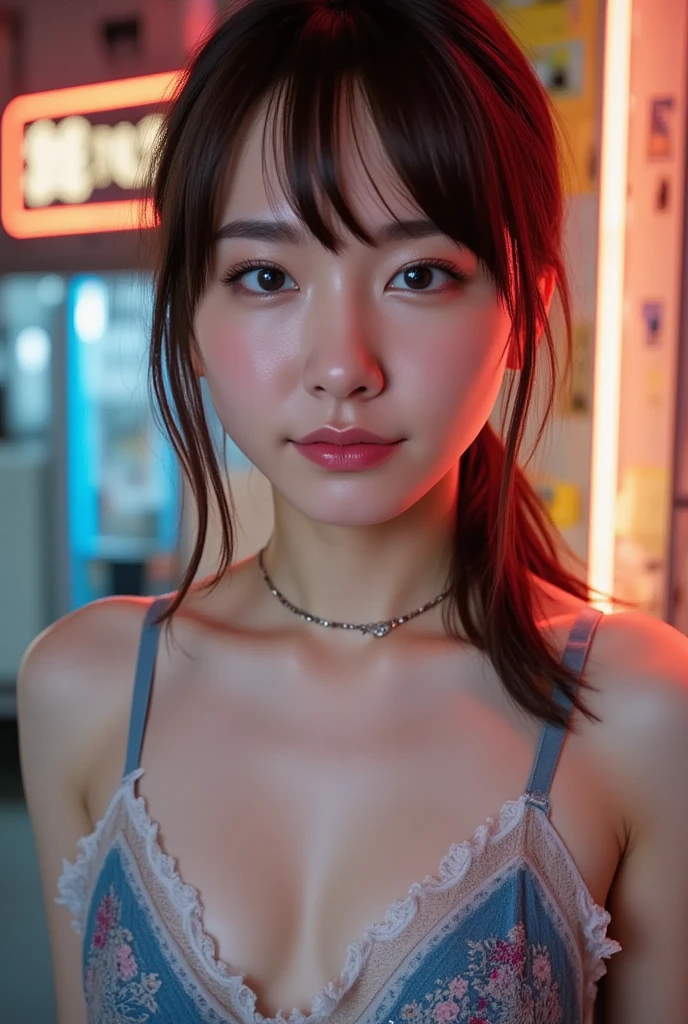 mature women, uesaka sumire, brown long hair, dark brown eyes, blunt bangs, medium boobs, full body portrait, 8K quality, live action, realistic human emotions, realistic skin texture, natural skin,, 窓の結dew, toned body, toned stomach, high definition face, very shiny skin, sweaty, dew, cinematic lighting, (warm lighting), shallow depth of field, red camisole ribbed dress, cleavage, outside, day, street