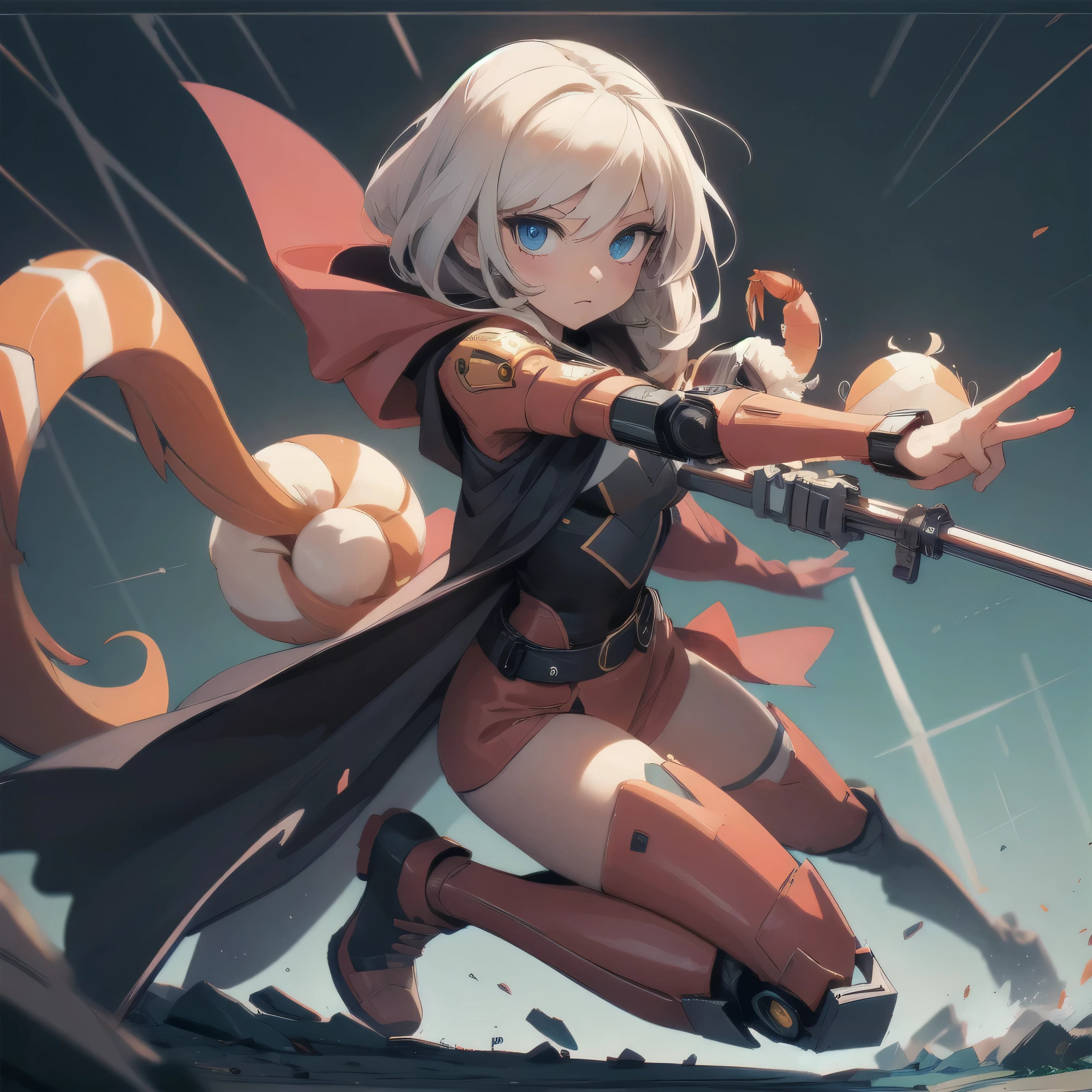(masterpiece, best quality, ultra detailed, beautiful illustration), atmospheric perspective, depth of field, looking at viewer, beautiful detailed eyes, anime eyes:1.4, (full body), fighting pose, dynamic angle, (outdoors, sky:1.5, jumping, blue sky clouds, holding polearm, spear), 1girl, mature woman, (huge breasts), <lora:freyacrescent-v1-locon:1>, freyacrescent, red hat, winged hat, red coat, shoulder guards, boots, tail ornament, ribbon, mouse girl, white fur, green eyes, white hair, snout