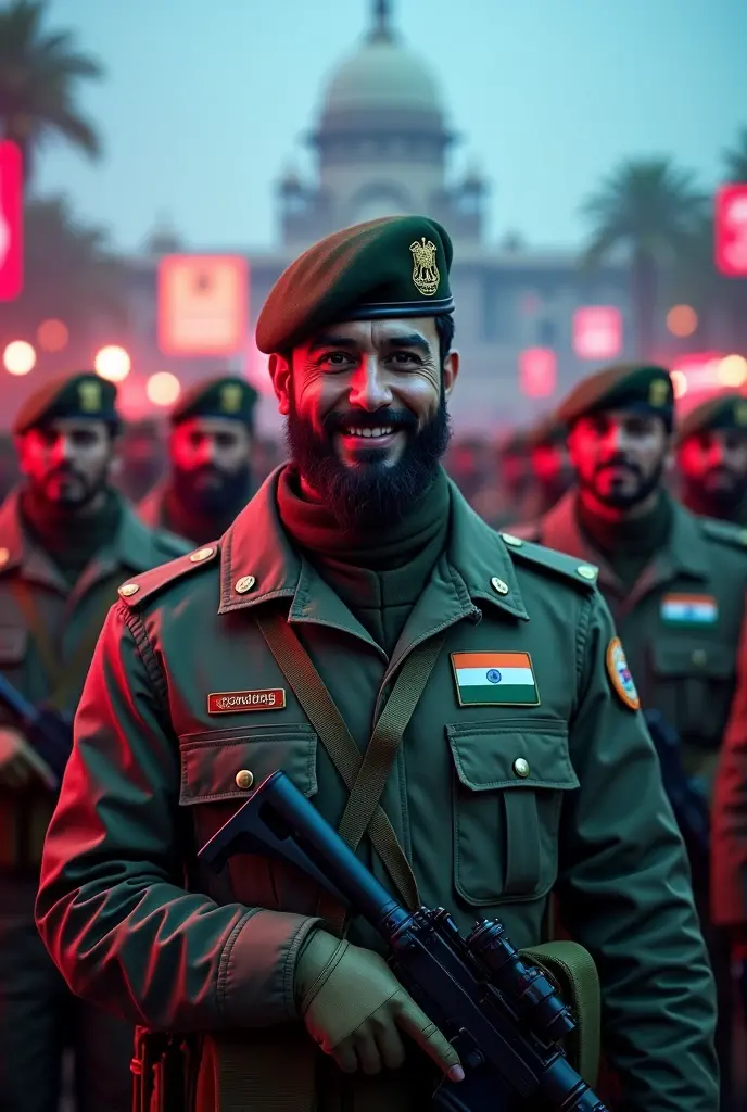 indian tricolor badges on cap dress
asaduddin owaisi as indian army muslim beard soldiers ,
Without moustache, with only beard
high end ai guns eauipment nightvision
Indian flag badges on dress cap
Face smile
Muslim soldiers
Hdr
Neon
Smiling
Indian flags background
Parliment