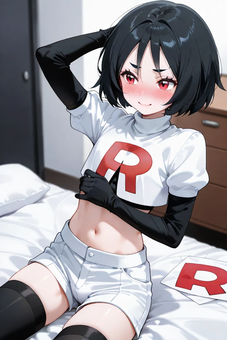 1girl, (kijin seija), breasts, solo, streaked hair, black hair, short hair, multicolored hair, horns, red eyes, crazy eyes, wide-eyed, constricted pupils, team rocket,team rocket uniform, red letter R, white skirt,white crop top,black thigh-highs,black elbow gloves