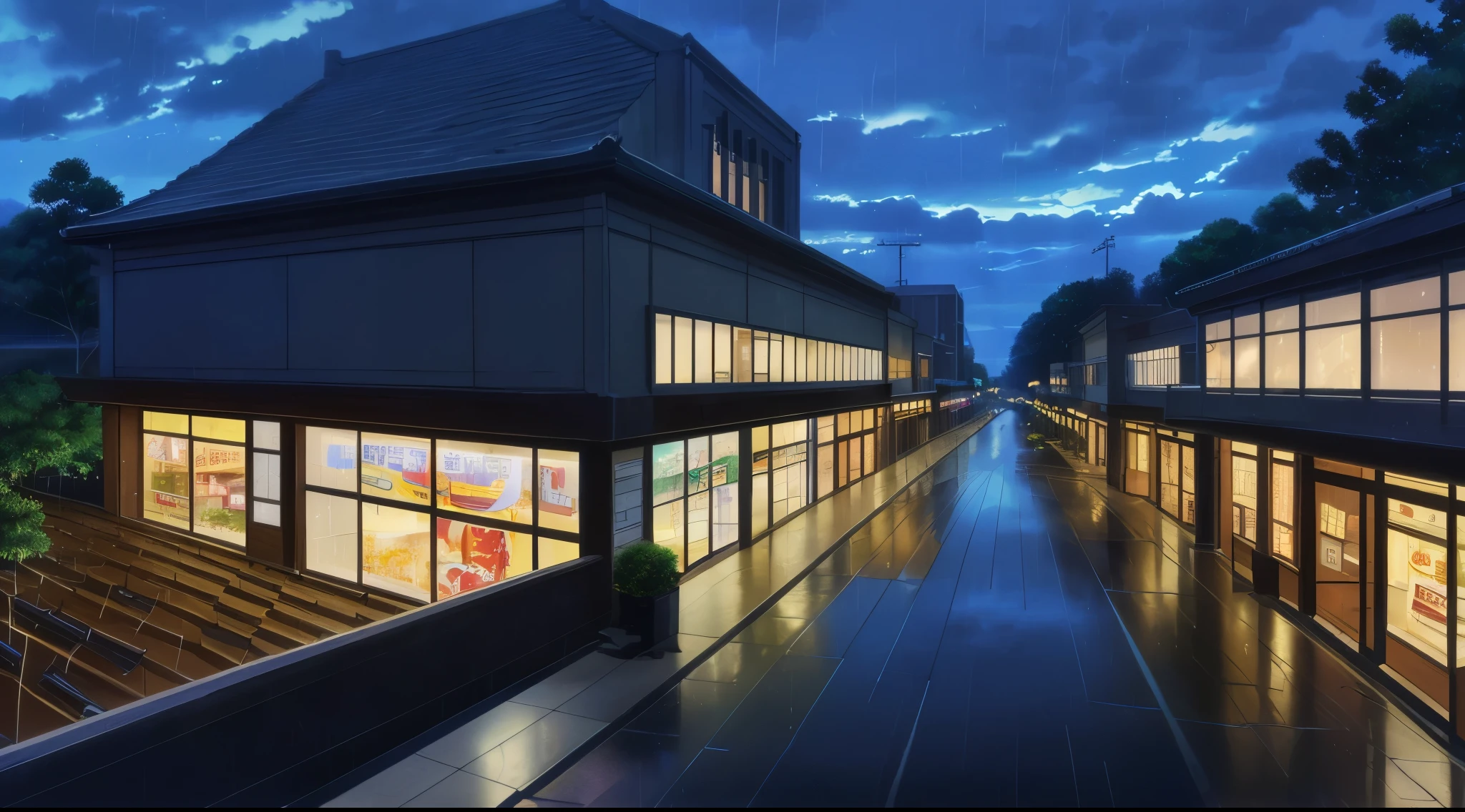 (Rain) (Raindrops) (Nightime)
(80’s Anime) (Classic) (Vintage) (Retro)
1980’s Japanese City of several buildings built in a modern contemperary architecture.
There is a very large Shopping Mall and Center
(View from the entrance of the Shopping Mall)