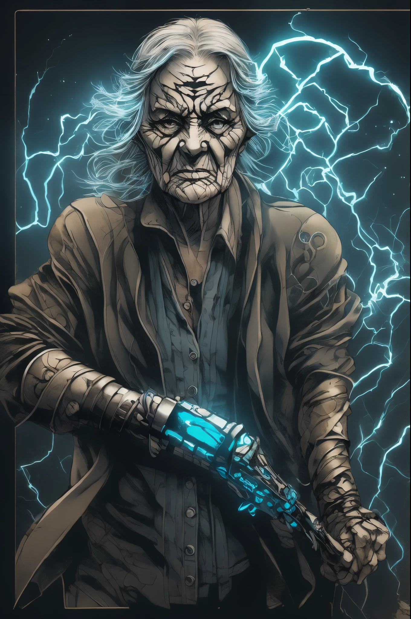 haunted wrinkled woman in her 50's with tribal tattoos and a silver arm, she is wearing many metal bracelets and has dark circles under her eyes, dressed in a loose fitting cardigan,  faintly glowing blue,  glowing metal arm that exudes power
