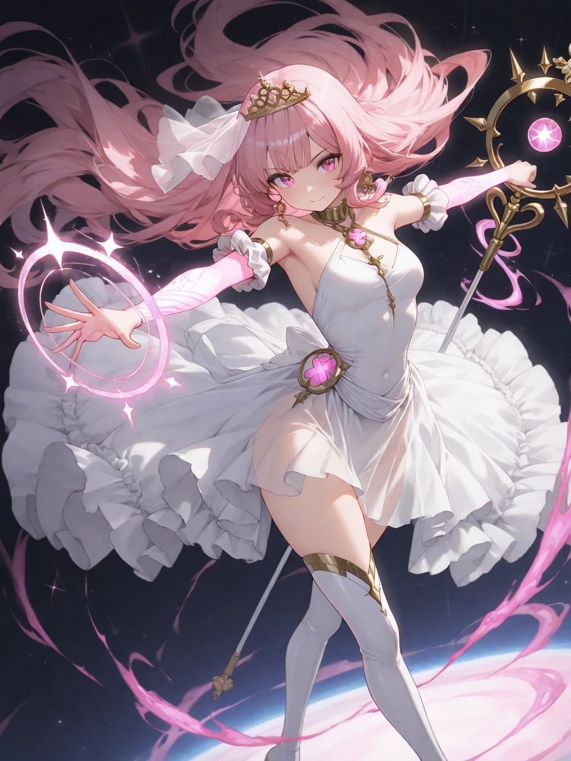 Perfect body,Full Arms,Full legs,Full face,One Girl,alone,Magical girl,Pink Hair,Curly Hair,Front facing,White costume,Baton pointed towards me,Straight Baton,smile