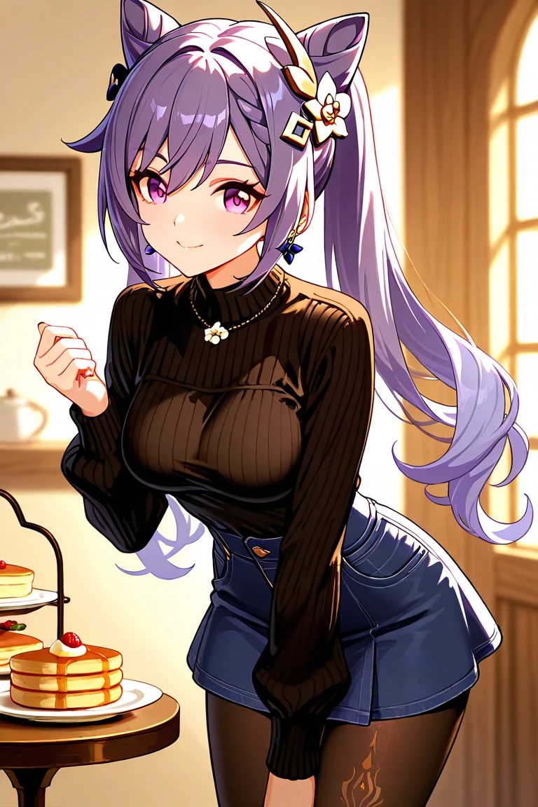 (masterpiece, best quality, high resolution, 8k), cowboy shot, BREAK, girl style anime, well defined eyes, high definition eyes, perfect body, perfect anatomy, eyelashes and black shadow under the eyes, detailed, round eyes with eyelashes and highlighted eye shadow, BREAK, Rapi , blue light hair, alluring eyes , beautiful face , crystal purple ligth eyes , long hair , jinx hair, women long sleeve crop top, blue color ,grey color solid ribbed knit pencil skirt , selfie wind, 1 hand bag, cheerful eyes, g cup breast, slender waist, bewitching thighs, five fingers each hand, two hand, two leg, in town, date, standing, beautiful, high heels, daylight, INFOBREAK, (((carrying a big cake in her hands))), delicate and blushing smile looking at the viewer, at a house party with colorful balloons and confetti.
