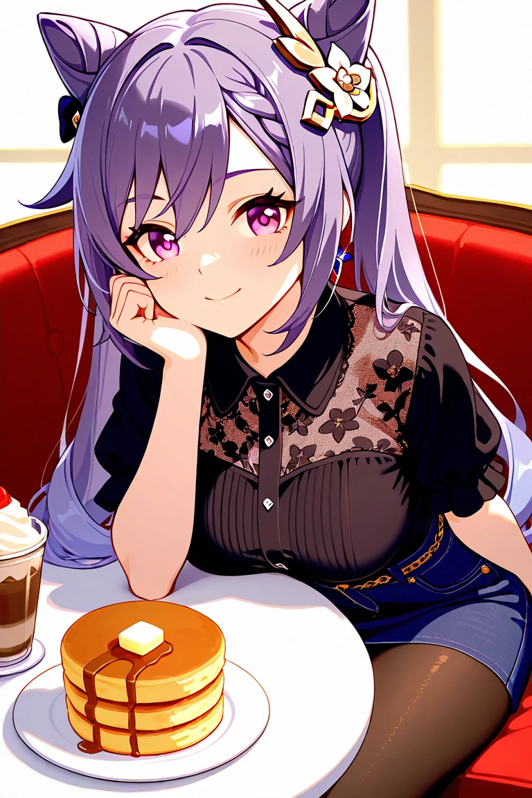 1girl, solo, animal ears, pose, happy, smiling, fangs, purple bear ears, purple hair, ahoge, bangs, short hair, original character, pink eyes, magenta eyes, red eyes, multicolor eyes, short hair, wavy hair, swept bangs, small breasts, flat chest, bear ears, tired, sleepy, bags under eyes, beauty mark, young, loli, short eyebrows, restaurant background, indoor background, laughing, food awe, food, looking at food, star pupils, awe, food, food plate, eating, cake, birthday cake, birthday, party, birthday party, happy birthday, happy, excited, hungry, eating