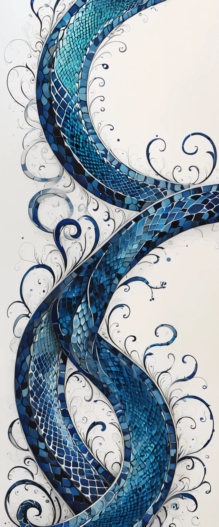 intricate snakeskin design intense blue tones, drawing, 2d, flat, abstract, white background, self contained, passe partout