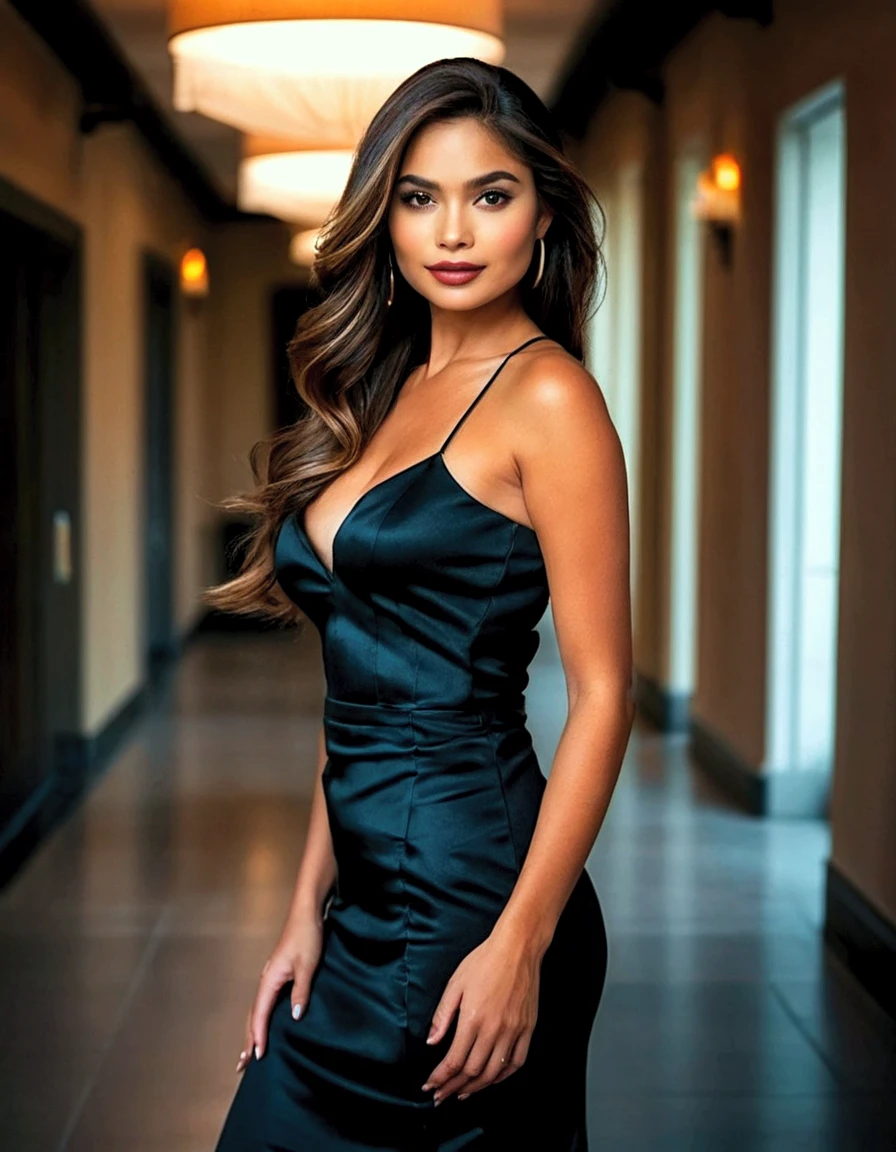realistic portrait of an extremely beautiful Latina, long black hair frizzy hair, brown skin, smiling, wearing a business suit with mini dress underneath