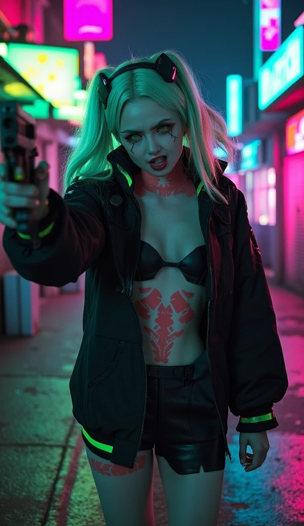 (cinematic, 8k, best quality, masterpiece: 1.2), (realistic, photo-realistic: 1.37), ultra-detailed, soft light, best quality, ultra highres, raw photo in HDR, sharp focus, intricate texture, skin imperfections, 1 girl, cute, solo, raw photo, Rebecca a robotic girl with green hair, pink tattoo on neck and belly, crazy face with rage, wearing a black jacket with yellow details, 19yo, camel fingers, slim body, warm body, shiny skin, realistic textures, reflected lighting, volumetric lighting. Background a cyberpunk city at night, neon lighting.