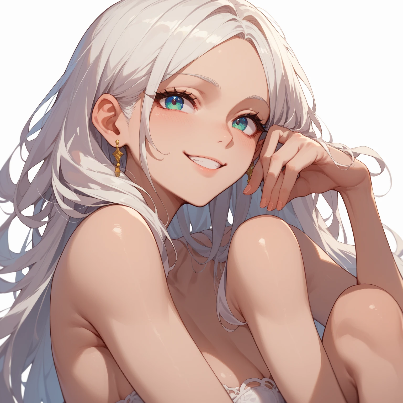 1 Girl, NSFW, Nude, Naked, Nice Nipples, Nice Pussy, Nice Tits, Fully Nude, Medium Breasts, Blue Eyes, Heart Eyes, Platinum White Hair, Twin Tail Hair Style, Pale White Skin, Smooth Skin, Face Freckles, Nice Cleavage, Slutty, Sexy, Sassy, Smirking, Tease, Teasing, Close up, Teasing, Sexy Pose, Side Profile, Side View
