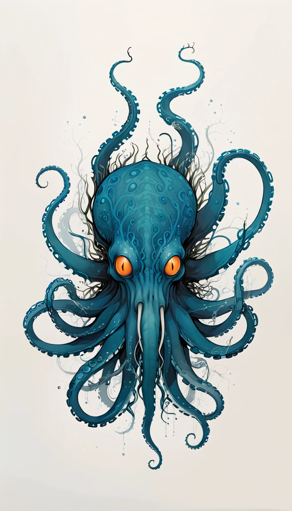 intricate kraken cephalod intense blue tones, drawing, 2d, flat, long twisted tentacles, white background, self contained, passe partout
