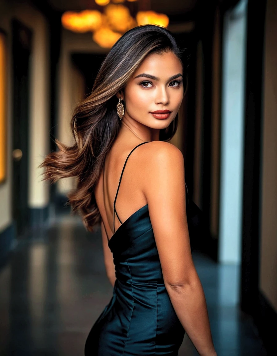 Best Quality, photorealestic, Ultra-detailed, finely detail, hight resolution, 8k wall paper, Professional, (Attractive 25 year old woman ), stylish coloring, brown wavy hair with fringe , black dress, in thailand