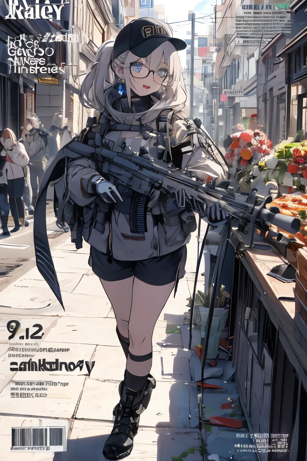 (best quality ), a girl have one rifle with her hand , Platinum color hair , The dreamer wants purplish blue eyes , medium , Lori will do it, (masterpiece:1.2, best quality ), (Beautiful detailed depiction : 1.2), ( beautiful detailed face ), ( small Breasts :1.2), (Pointed Chest:1.1), (fix_hands),(fix_arms),(fix_feet), (fix_fingers),(fix_glasses), ((( HDR,UHD,8K, best quality,masterpiece ))), smile, Masterpiece,  best quality , up to date, ( Small Breasts :1.3), (Pointed Chest:1.2),(from above:1.0, best quality ), girl  ,  platinum hair artist:[ekrea jan|yoneyama mai|diyokama|say hana|quasarcake],1girl, solo, breasts, looking at viewer, blue eyes, large breasts, black hair, hat, animal ears, cleavage, jewelry, tail, earrings, boots, lying, shorts, indoors, dark skin, black footwear, high heels, dark-skinned female, black headwear, black shorts, on stomach, black nails, baseball cap, high heel boots, BREAK,(best quality, masterpiece, ultra-detailed, illustration:1.2),(8K wallpaper),(beautiful detailed eyes:1.2), beautiful, detailed eyes, soft light, AddXL light steps, intricate colors, vibrant colors, absurdres, very awa open your mouth, (" PGM Ultima Ratio Hecate II "sniper rifle:1.1 and Geek Gaming Magazine Cover :1.3),(with sparkling eyes and a contagious smile), Her thin pubic hair :1.2,  viewers,open mouth, looking at viewer