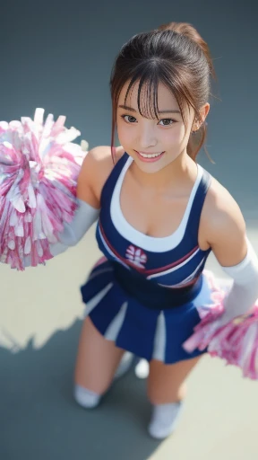 (best quality:1.2), masterpiece, (15-year-old, ultra cute kawaii:1.3), solo, smile, standing, looking at viewer, cowboy shot, (nup, cheerleader:1.2), ((focus on her armpits)), (((Sweaty armpits))), Armpit depression, ((((Dimpled Armpits)))), ((((Deeply wrinkled armpits))))