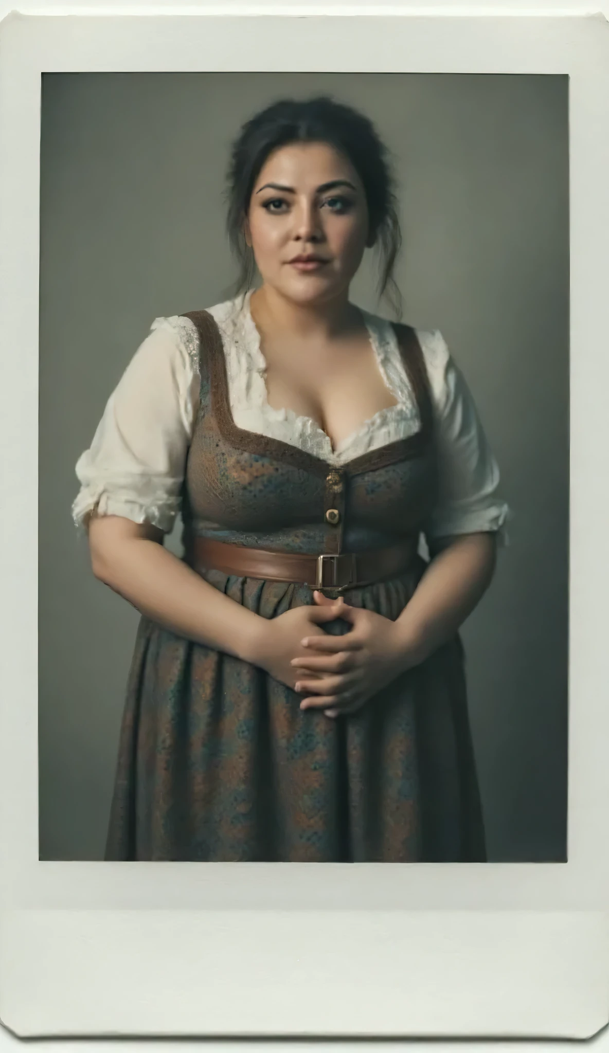 A thick curvy plus size medieval busty white hot girl in dirndls showing her curvy body, Polaroid photo, Simple background