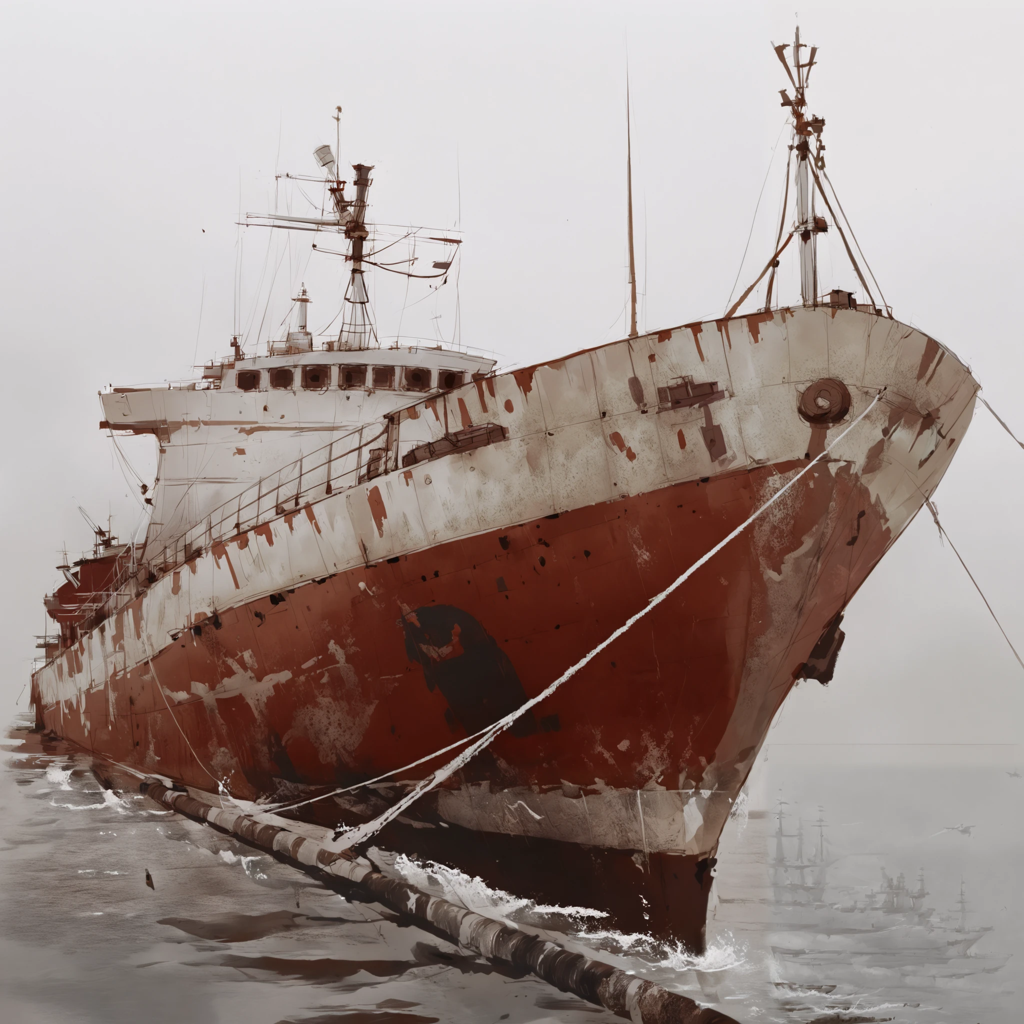 in a sketch style, pencil sketch style, arafed ship docked in a harbor with a rope tied to it, old wooden ship, utilitarian cargo ship, portrait of a sunken ship, destroyed ship, water surrounds the ship, a ship lost in a storm, ship on lake, sunken ship, by Richard Carline, aleksander rostov, unusual composition, big graphic seiner ship
