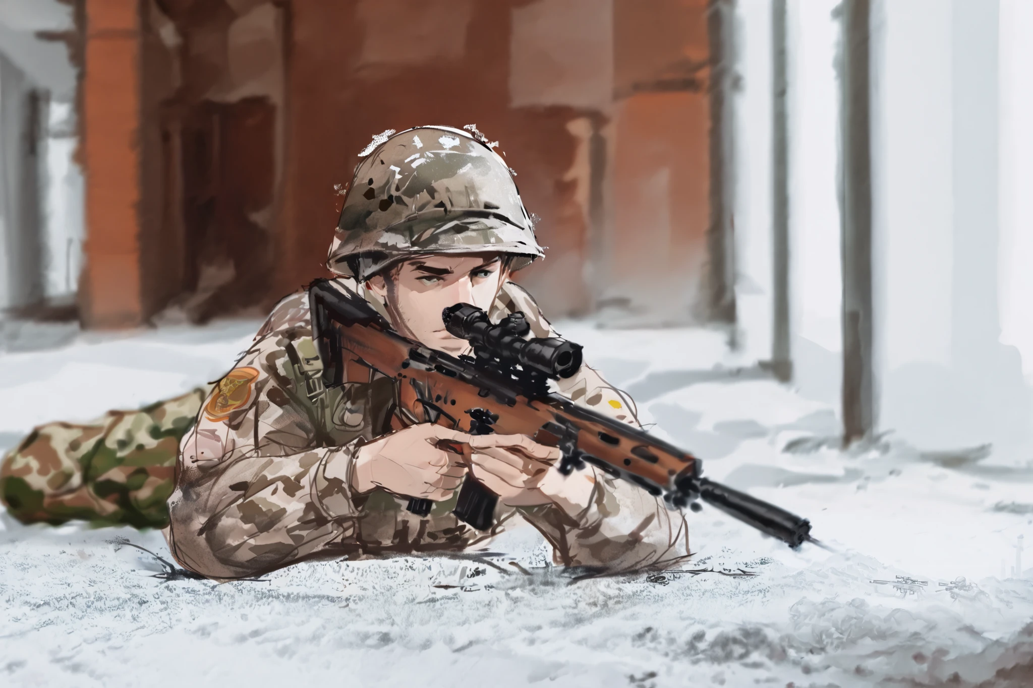 in a sketch style, pencil sketch style, arafed soldier with rifle lying on the ground in a building, holding rifle, a soldier aiming a gun, holding a sniper rifle, airsoft cqb, holding a rifle, military photography, military weaponry, with rifle, carrying a rifle, with rifle in hands, man is carrying a rifle, bolt action rifle, soldier, wielding assault rifle, multicam camo