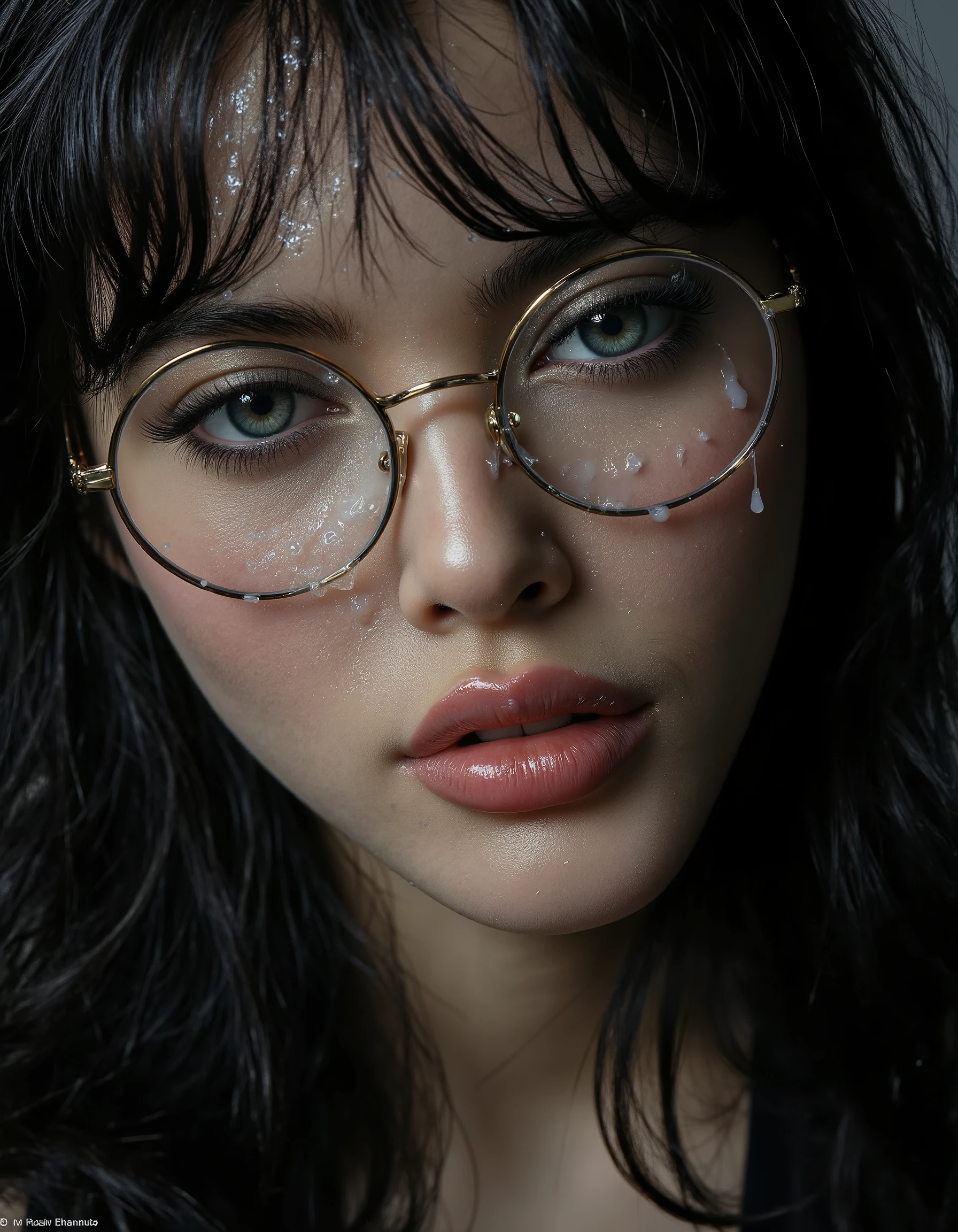 A striking portrait of a fierce girl with piercing eyes and bold, direct eye contact. She has long Black shiny hair, She wears natural-looking brick-red lipstick and large, avant-garde glasses. The composition embodies a high-fashion editorial aesthetic, blending ethereal beauty with dramatic shadows and luxurious fashion details. Cumface teen with lots of white, sticky, wet in Mouth, Here Mouth is slitly open and she has Cum in here mouth, white transucent cum all over here face, (Cum on face), The zoomed-out perspective places the subject in 30% of the frame, leaving ample negative space around her head for a modern, minimalist feel. The subtle 3D effect enhances the visual depth, creating a captivating and dynamic image.