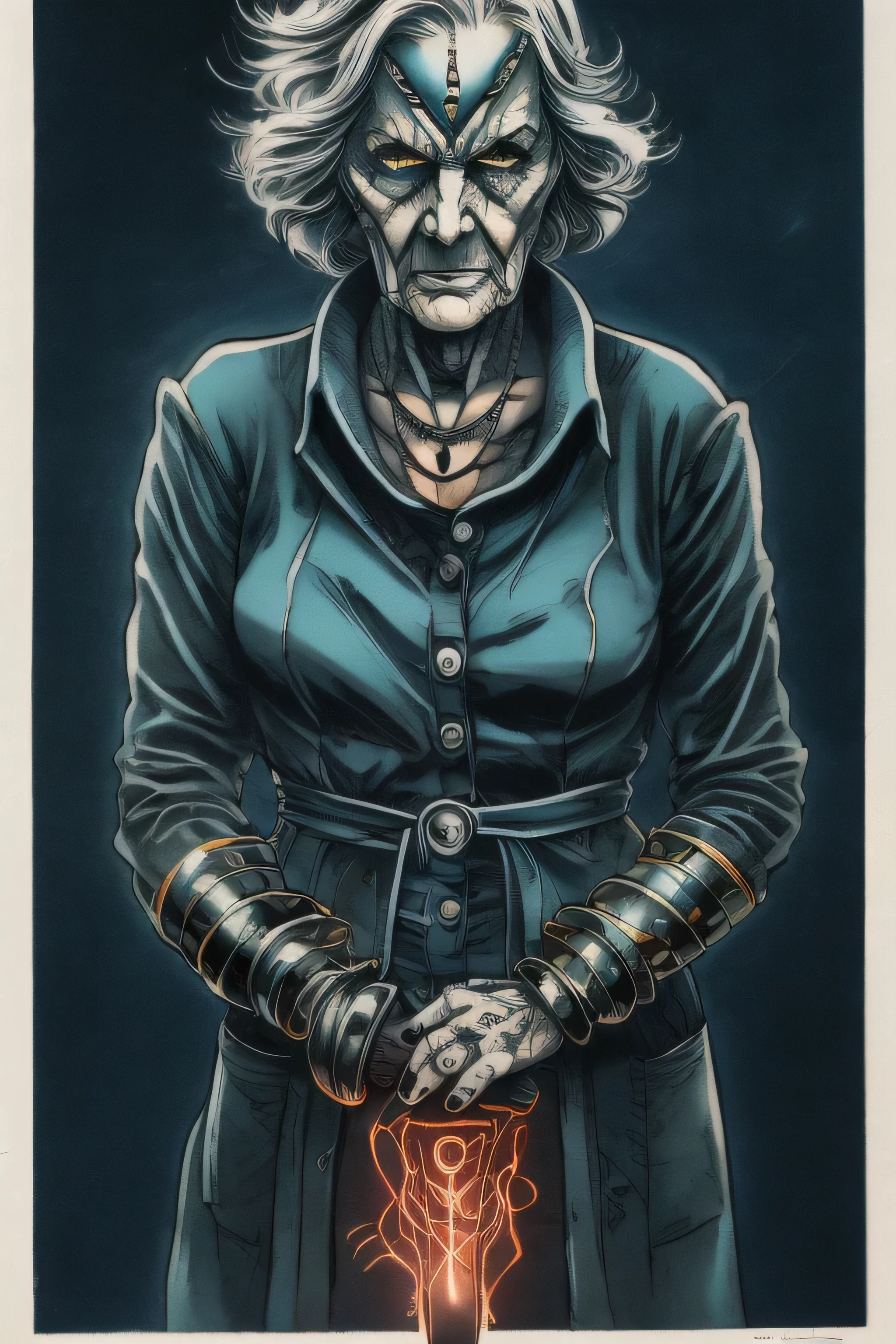 haunted wrinkled woman in her 50's with tribal tattoos and a silver arm, she is wearing many metal bracelets and has dark circles under her eyes, dressed in a loose fitting cardigan, faintly glowing blue, glowing metal arm that exudes power