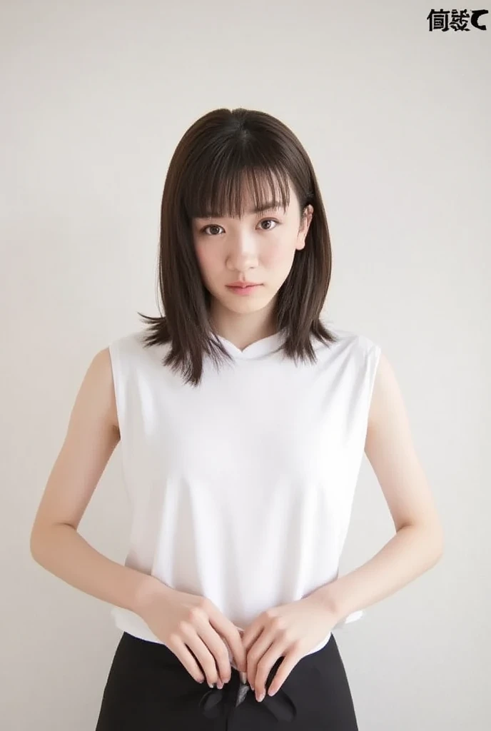 Picture taken from the front, with the left and right sides equally spaced, draw symmetrically, simple background, equally spaced left and right, stand upright, cowboy shot, (arms behind back:1.5), One girl, 18 years old, very short hair, ((white shirt, navy blue panties))