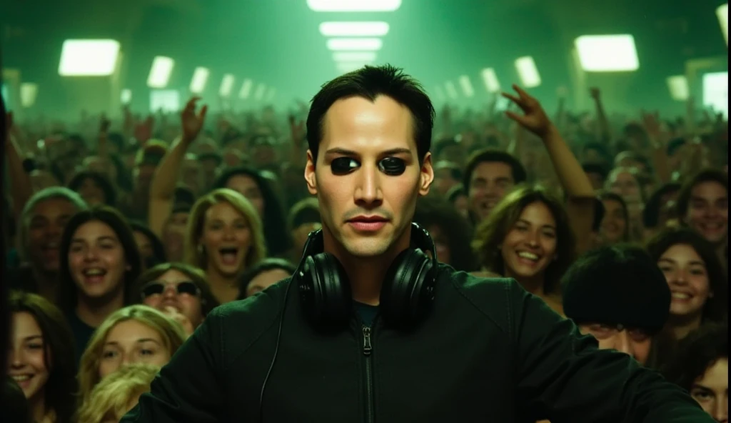 Keanu Reeves a clean-shaven young man with short dark hair, matrix is dj with wirelesse headphone, front view ,surrounded by lots of excited people.