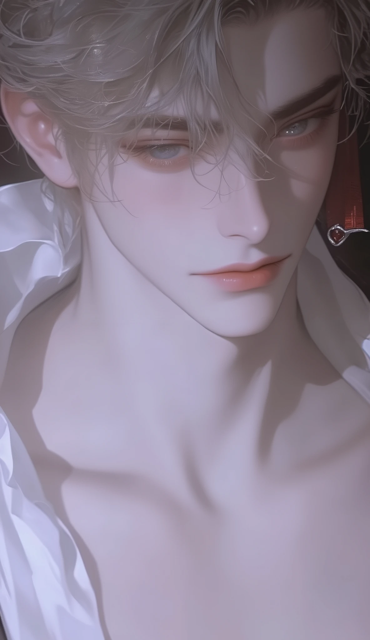 score_9,score_8_High ,score_7_High ,alone,regarde le spectateur,Bachelor, High resolution , style anime,Garçon d'anime ,blond hair, fringe, Separated fringe. Use a soft color palette to create a handsome man with pale skin, wavy messy mullet hair with middle parted fringe, blue eyes, and a fit and toned body with abs ; He wears (chemise blanche);, smile