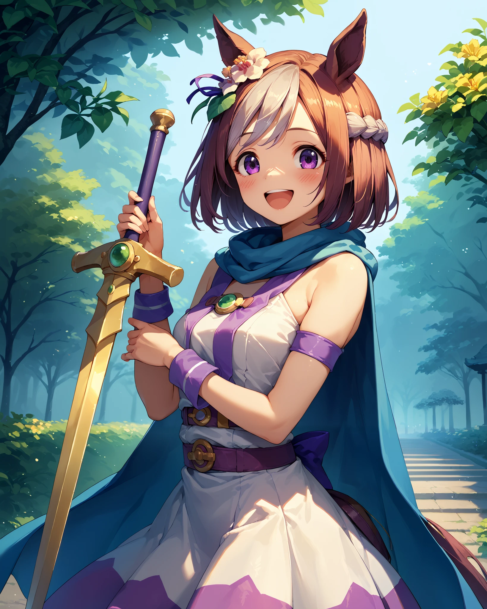 best quality, absurdres, masterpiece, 1 girl
Special Week \( Uma Musume \),
Refer to Dragon Quest(sage)Costumes,
Horse ears, white dress, blue cape, sleeveless, bare shoulders, Elongated golden sword, purple belt, purple ribbon, outside, in the park, with a flower, with a sun, in the afternoon, midday, happy, laughing, blush, tall, 30-year-old, adult, cute, beautiful, standing, upper body