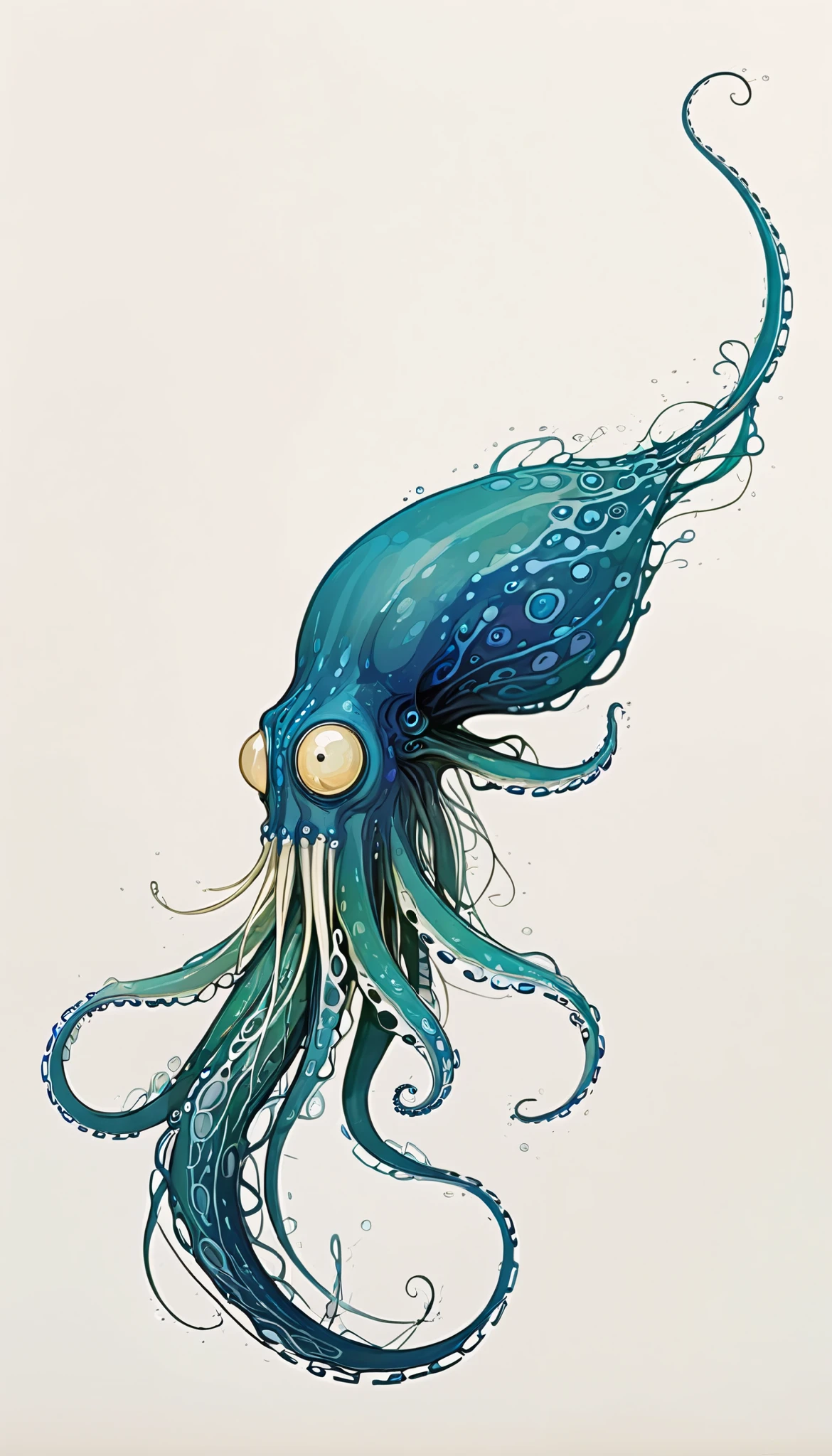 intricate squid cephalod intense blue tones, side view, drawing, 2d, flat, long twisted tentacles, white background, self contained, passe partout
