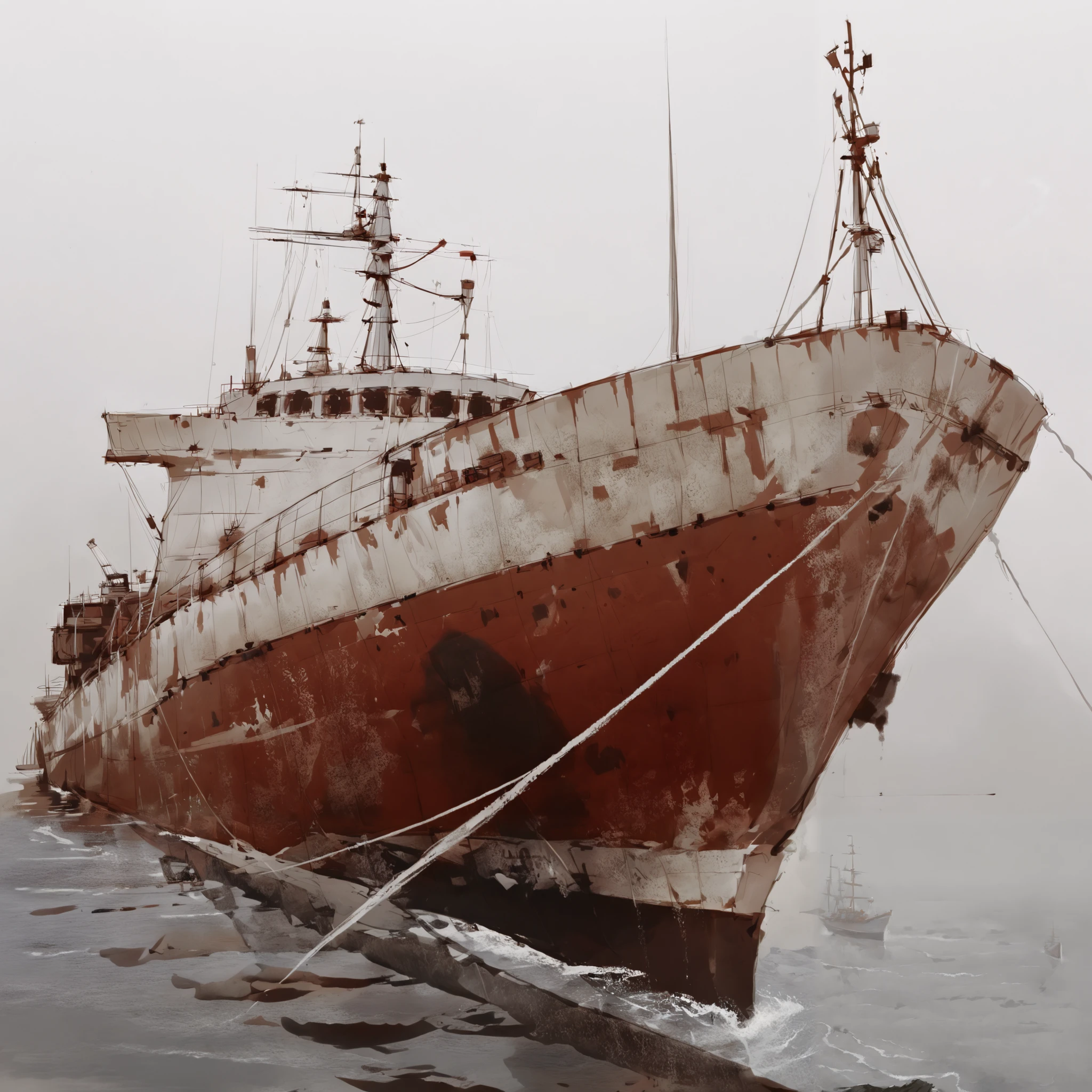 in a sketch style, pencil sketch style, arafed ship docked in a harbor with a rope tied to it, old wooden ship, utilitarian cargo ship, portrait of a sunken ship, destroyed ship, water surrounds the ship, a ship lost in a storm, ship on lake, sunken ship, by Richard Carline, aleksander rostov, unusual composition, big graphic seiner ship