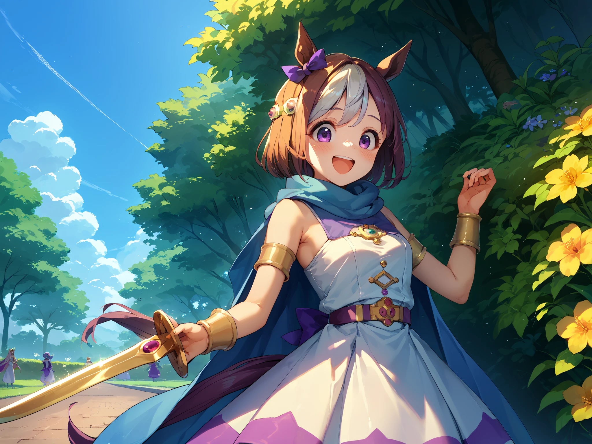 best quality, absurdres, masterpiece, 1 girl
Special Week \( Uma Musume \),
Refer to Dragon Quest(sage)Costumes,
Horse ears, white dress, blue cape, sleeveless, bare shoulders, Elongated golden sword, purple belt, purple ribbon, outside, in the park, with a flower, with a sun, in the afternoon, midday, happy, laughing, blush, tall, 30-year-old, adult, cute, beautiful, standing, upper body