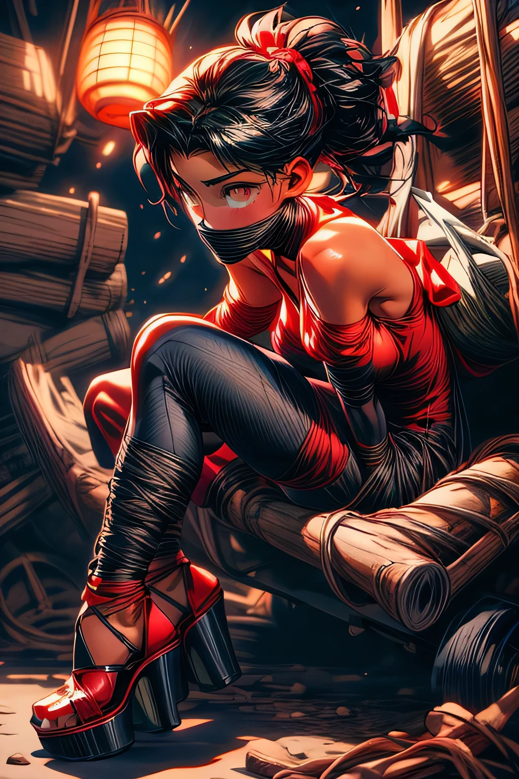 a close up of a woman in a red lingerie posing for a picture, wlop glossy skin, japanese goddess, ,  anime girl, translucent body, by Victor Wang, extremely detailed artgerm, wlop and artgerm, by Yang J, glowing red,  pose, rin tohsaka, by Jason Chan, oppai cyberpunk, high detail, high definition, dramatic scene, claustrophobic scenario, beautiful girl with shiny black hair, light orange dress, red sandals, hidden  hard , slender fitness body, wearing a tight and very short [[ligh-orange dress]],  , she is wearing high heeled red sandals that are tight around her ankles with thin leather straps, The girl is placed tightly into a large wooden trunk with wheels, she is pack-tied with extremely tight duct tape around her arms, legs and feet, arms behind her back, knees together, legs drawn up against her , supertight bondage package, she is tightly gagged with white cloth wrapped around her mouth, very tight against her features, her eyes are blindfolded in the same way with white cloth very tight against her face, she is shrunk inside a large trunk with wheels and tries to escape from that situation, seen from the side, her head points up, covered eyes,